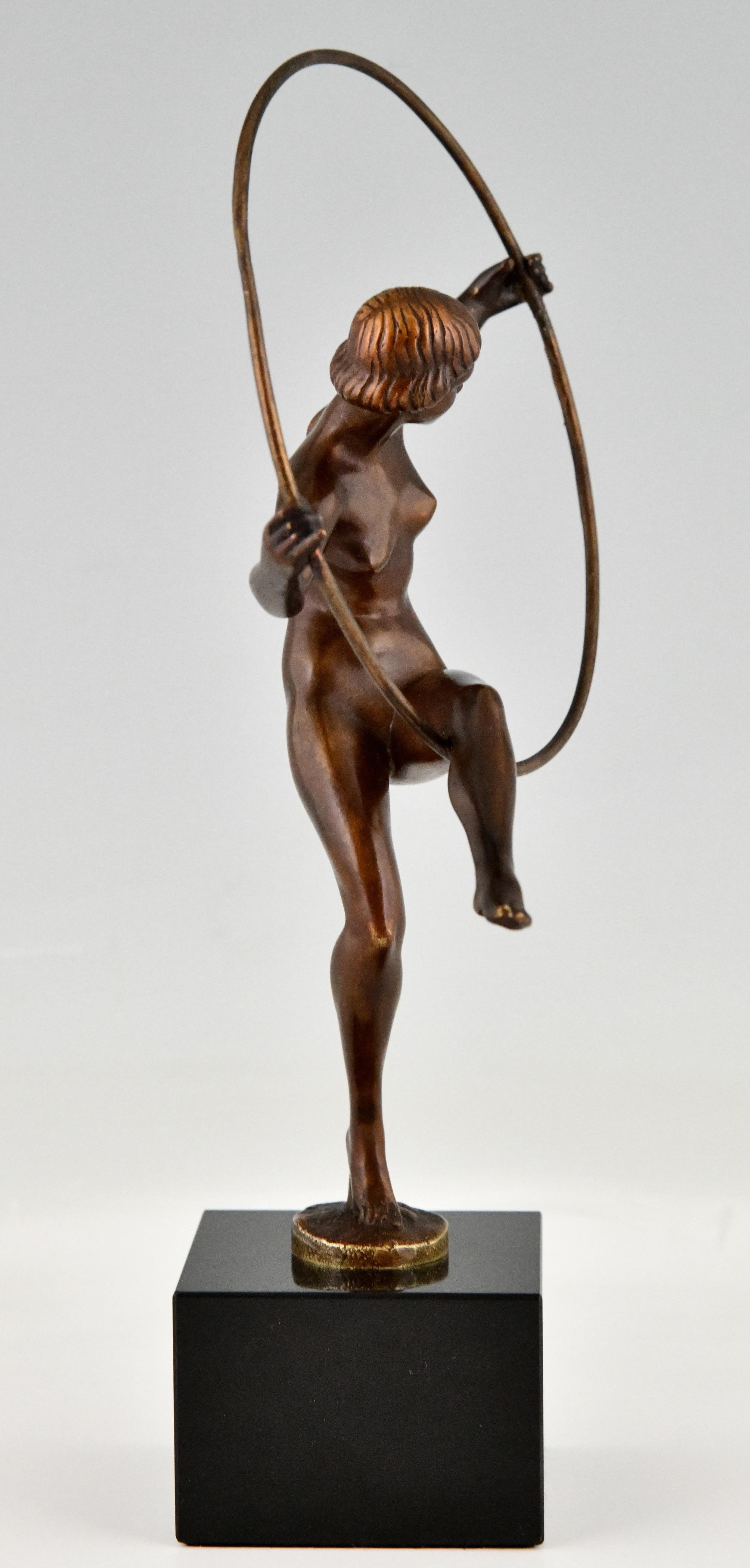French Art Deco Bronze Sculpture Nude Hoop Dancer by Marcel Bouraine France, 1930