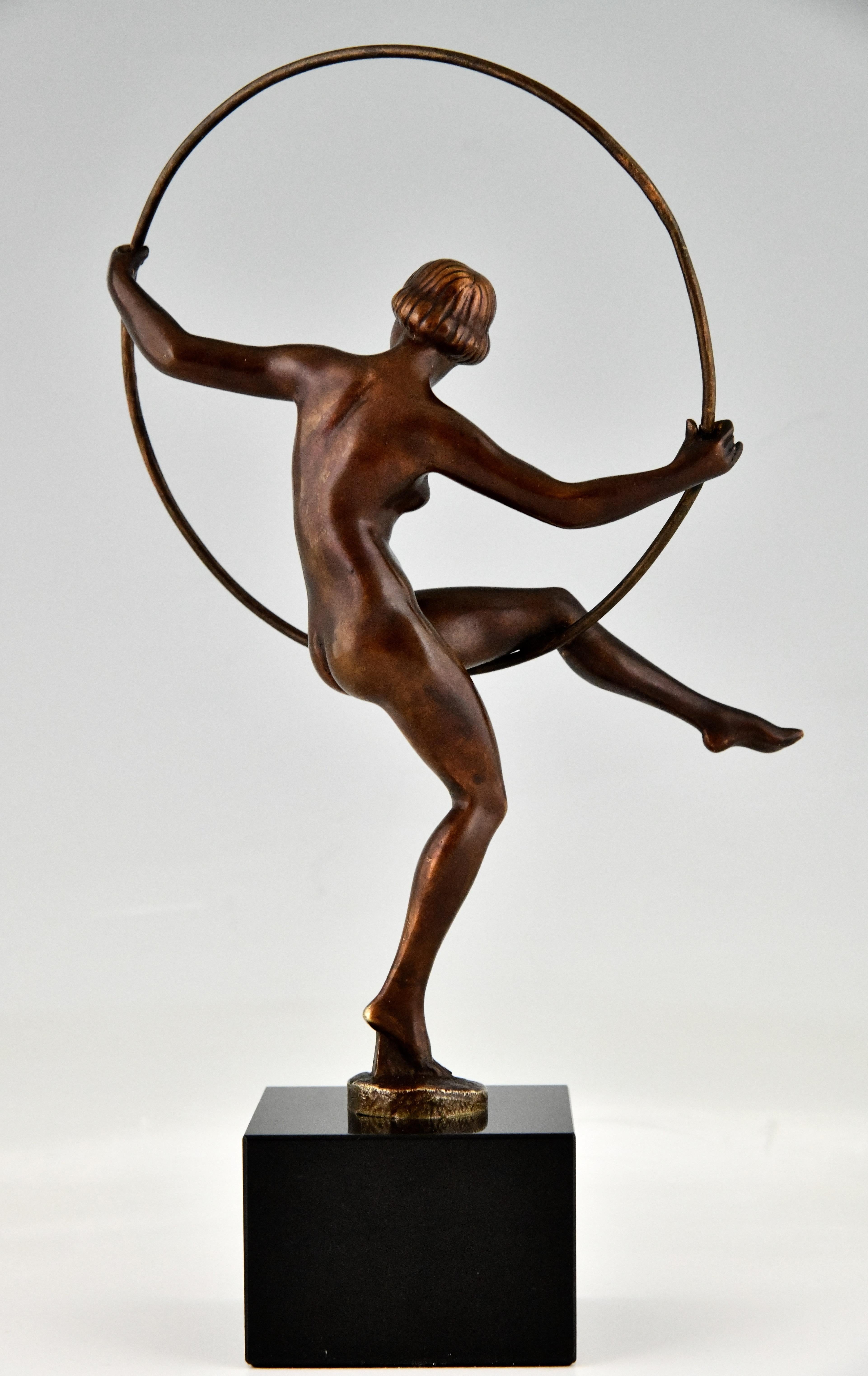 Patinated Art Deco Bronze Sculpture Nude Hoop Dancer by Marcel Bouraine France, 1930