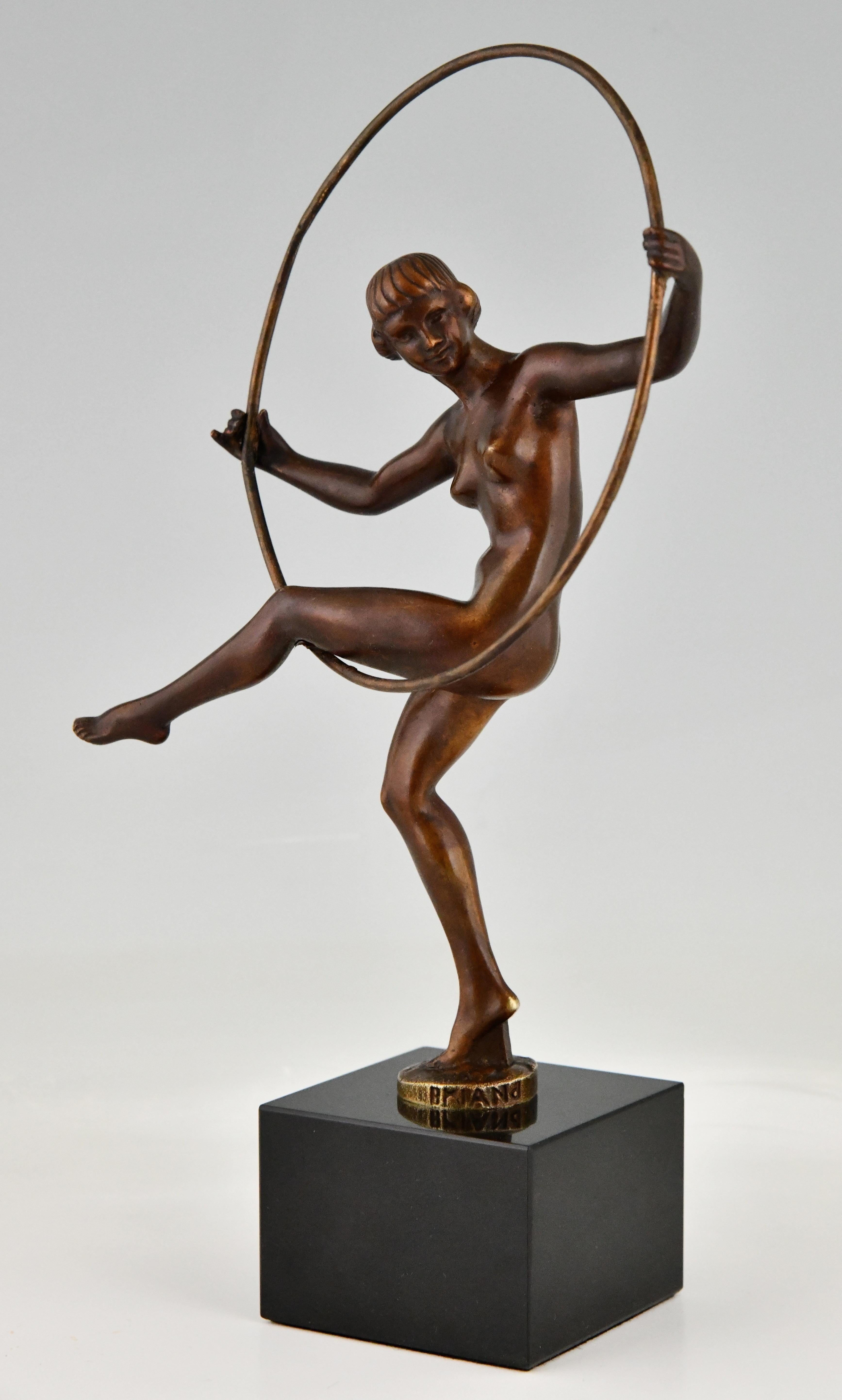 Belgian Black Marble Art Deco Bronze Sculpture Nude Hoop Dancer by Marcel Bouraine France, 1930