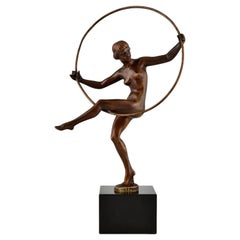 Art Deco Bronze Sculpture Nude Hoop Dancer by Marcel Bouraine France, 1930
