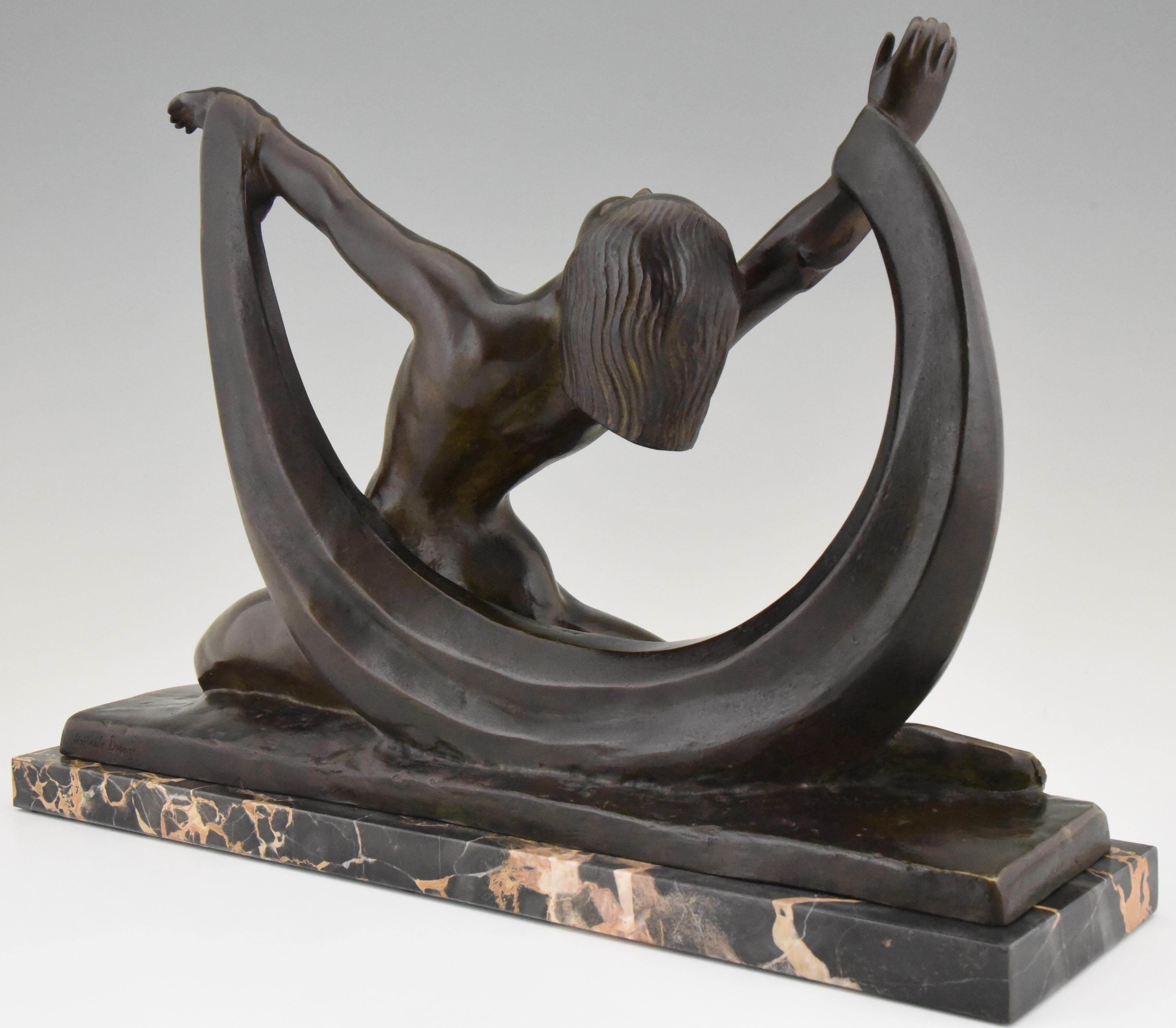 Early 20th Century Art Deco Bronze Sculpture Nude Lady, Scarf Dancer by G. Ninin, France, 1925