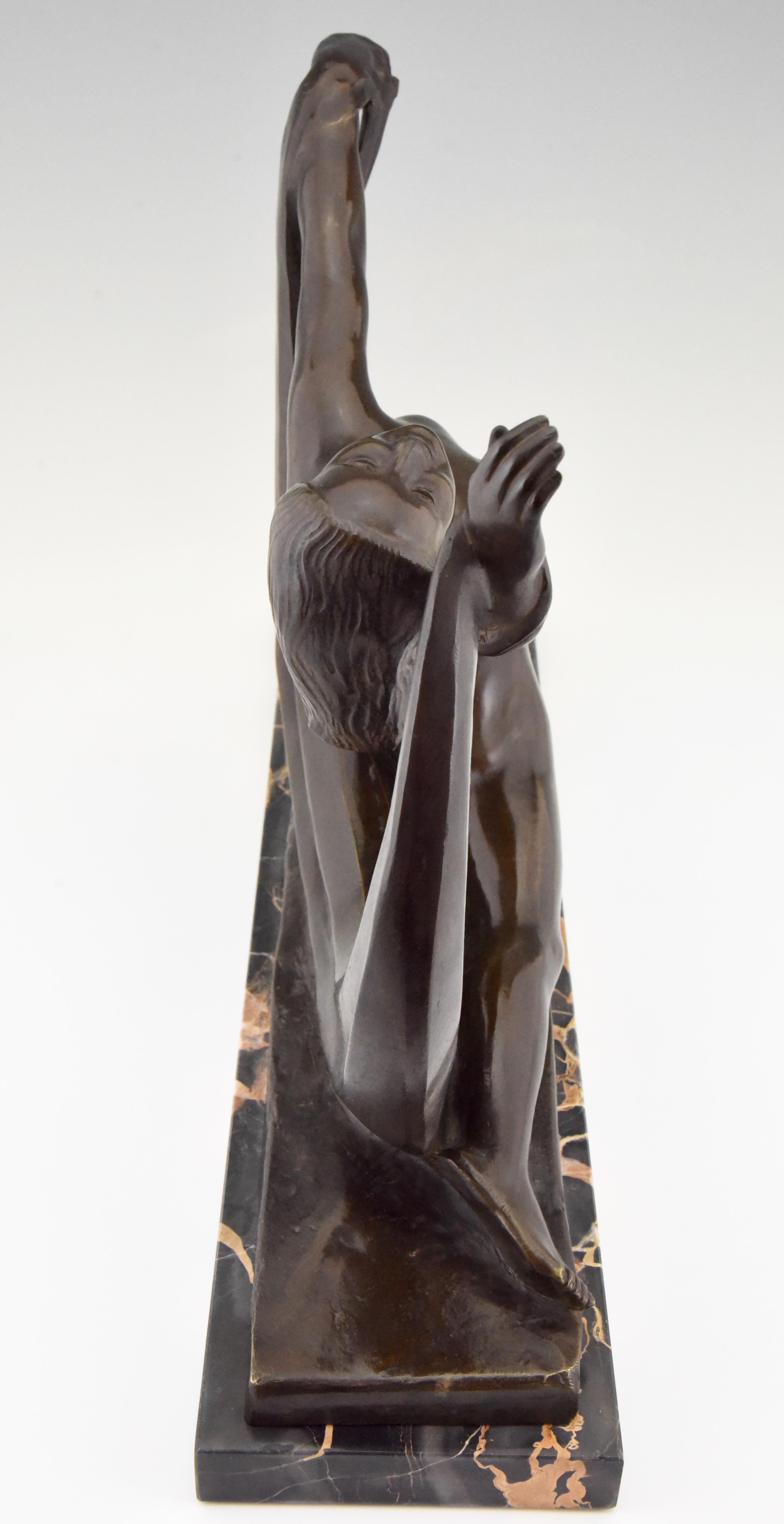 Marble Art Deco Bronze Sculpture Nude Lady, Scarf Dancer by G. Ninin, France, 1925