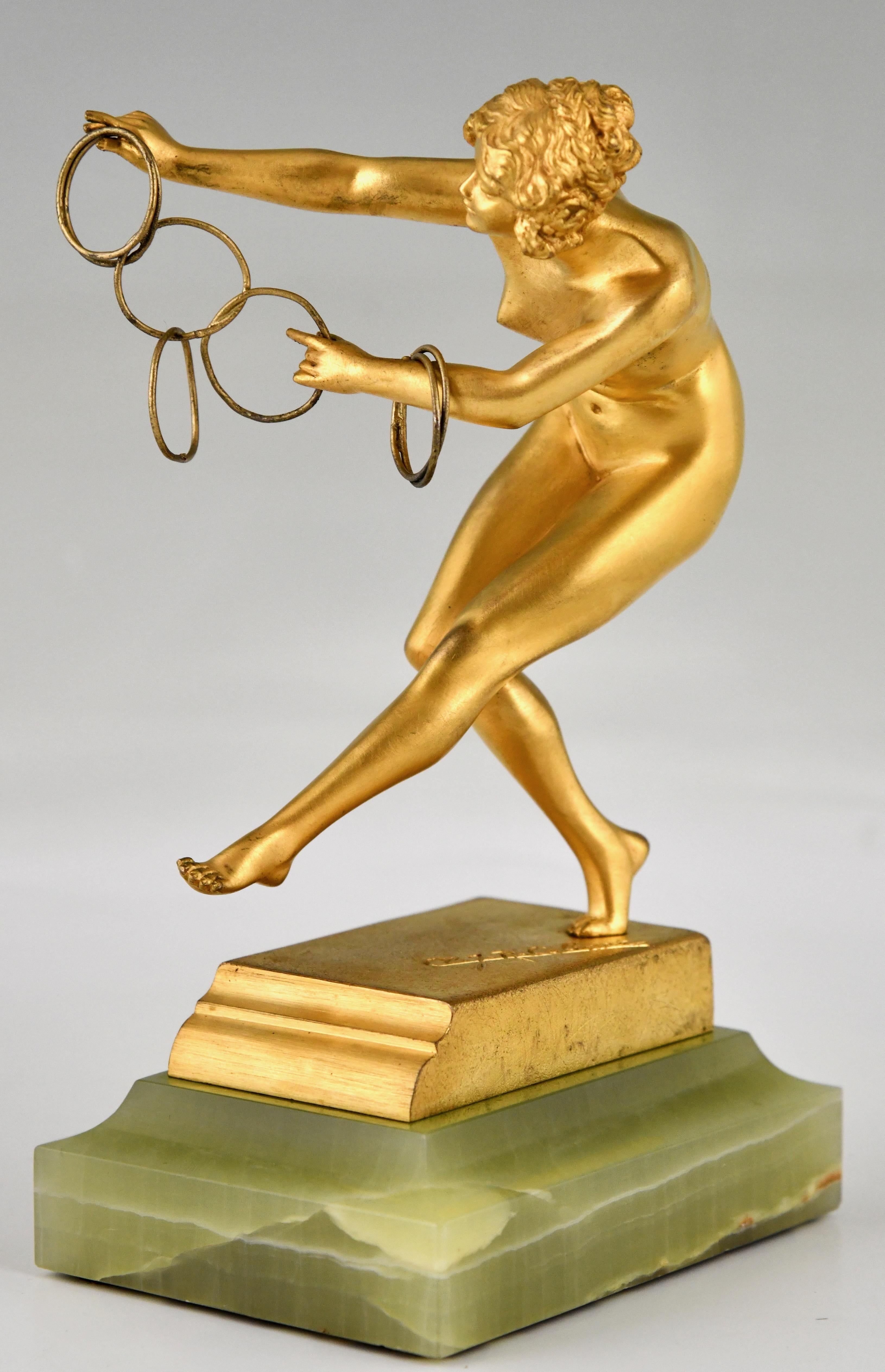 French Art Deco bronze sculpture nude ring dancer by Claire Jeanne Roberte Colinet 1925 For Sale