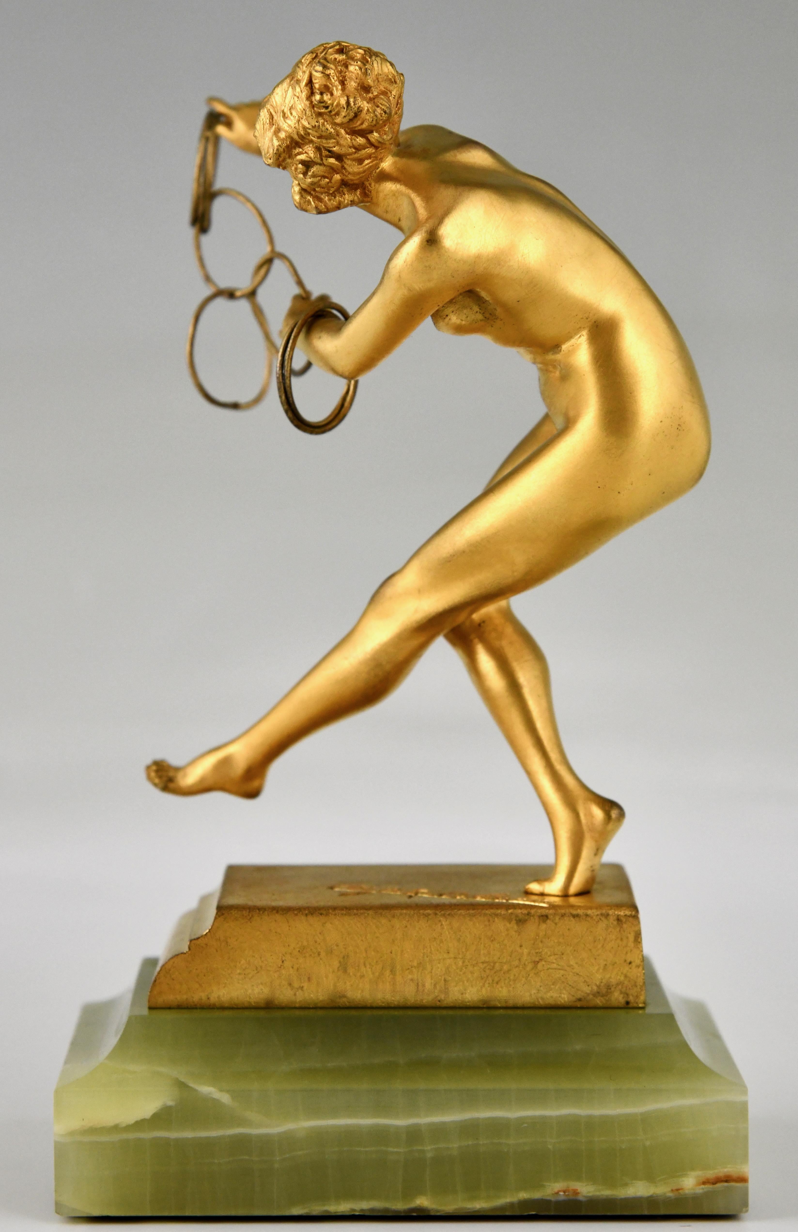 Gilt Art Deco bronze sculpture nude ring dancer by Claire Jeanne Roberte Colinet 1925 For Sale