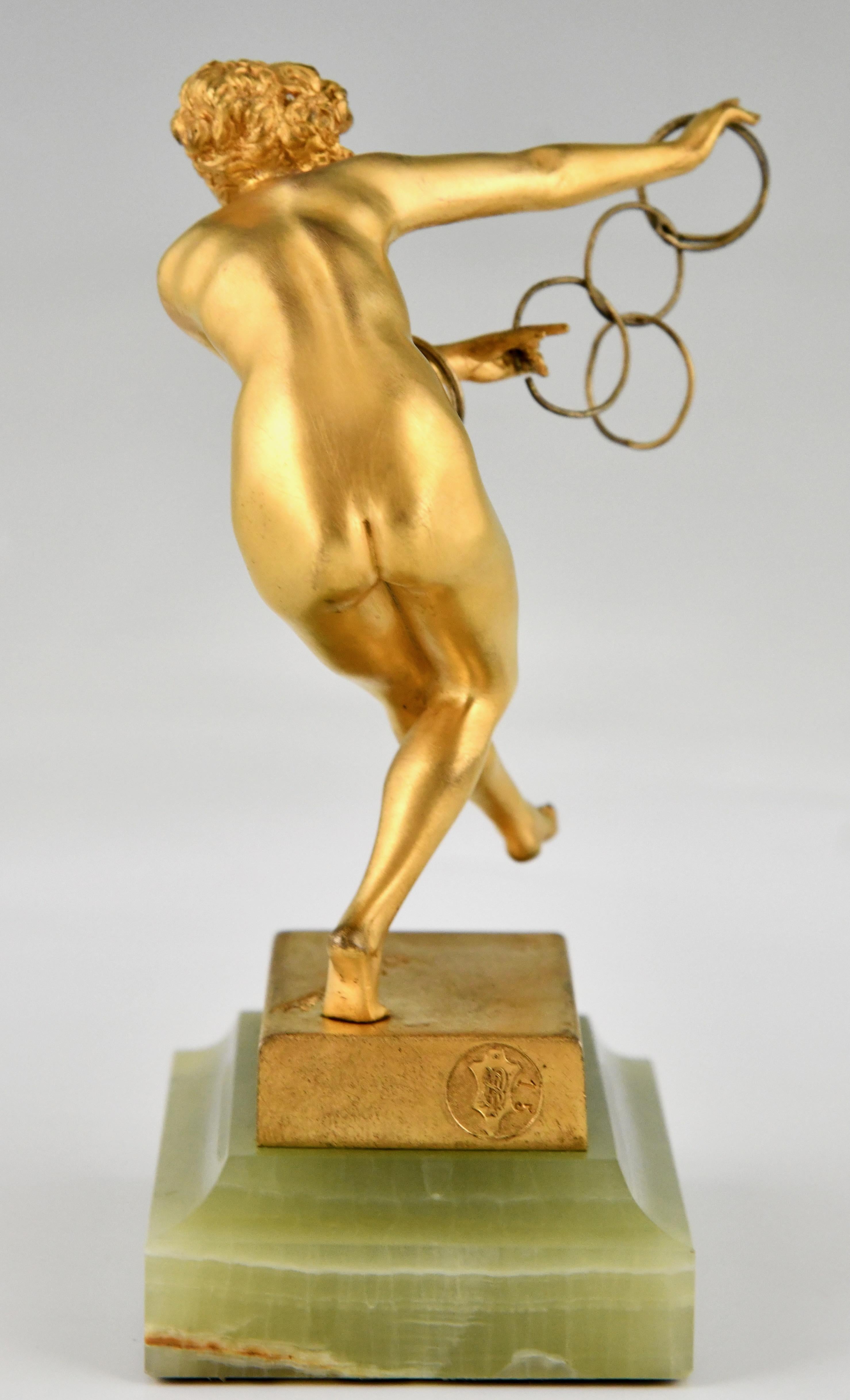 Gilt Art Deco bronze sculpture nude ring dancer by Claire Jeanne Roberte Colinet 1925