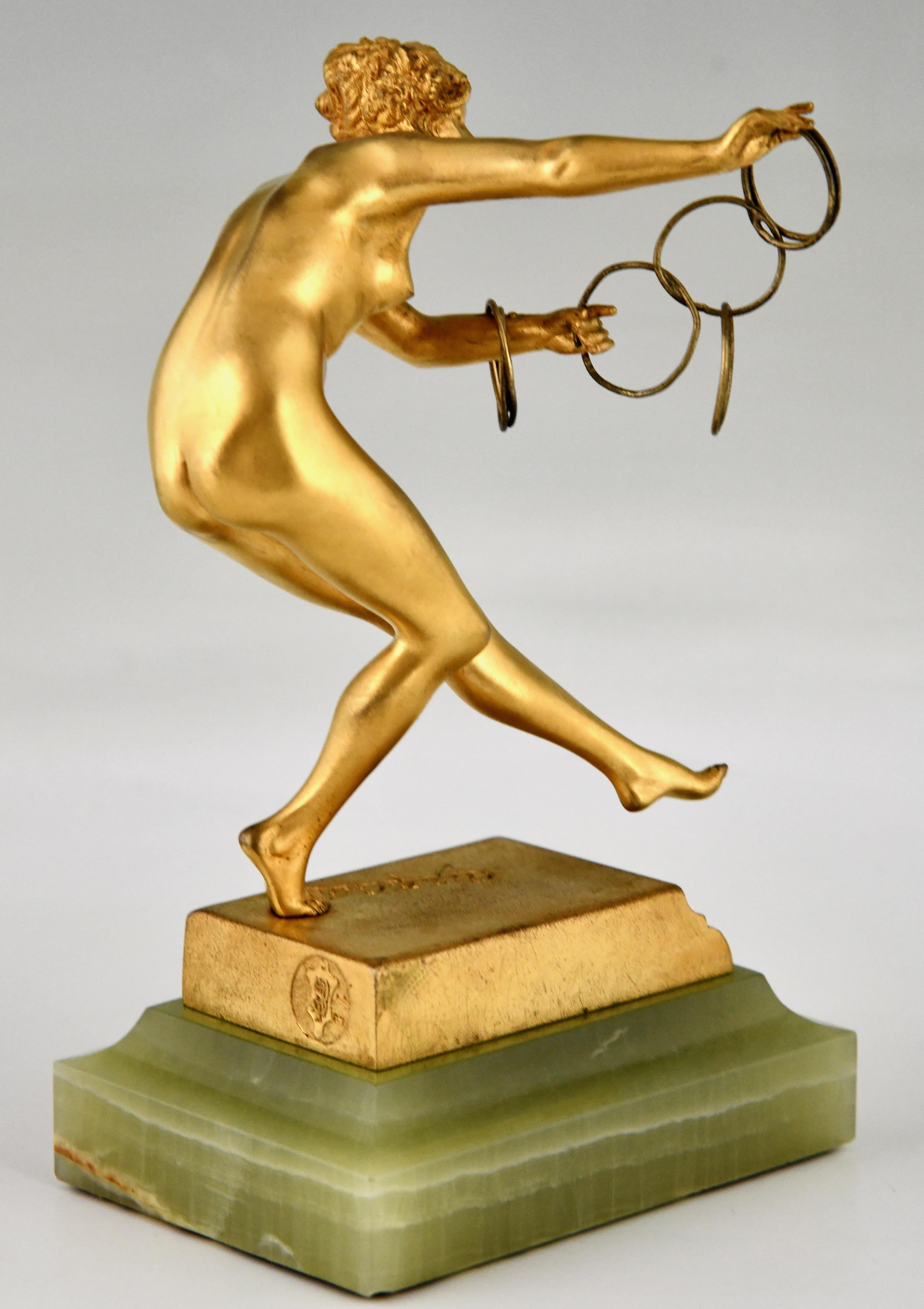 Early 20th Century Art Deco bronze sculpture nude ring dancer by Claire Jeanne Roberte Colinet 1925 For Sale