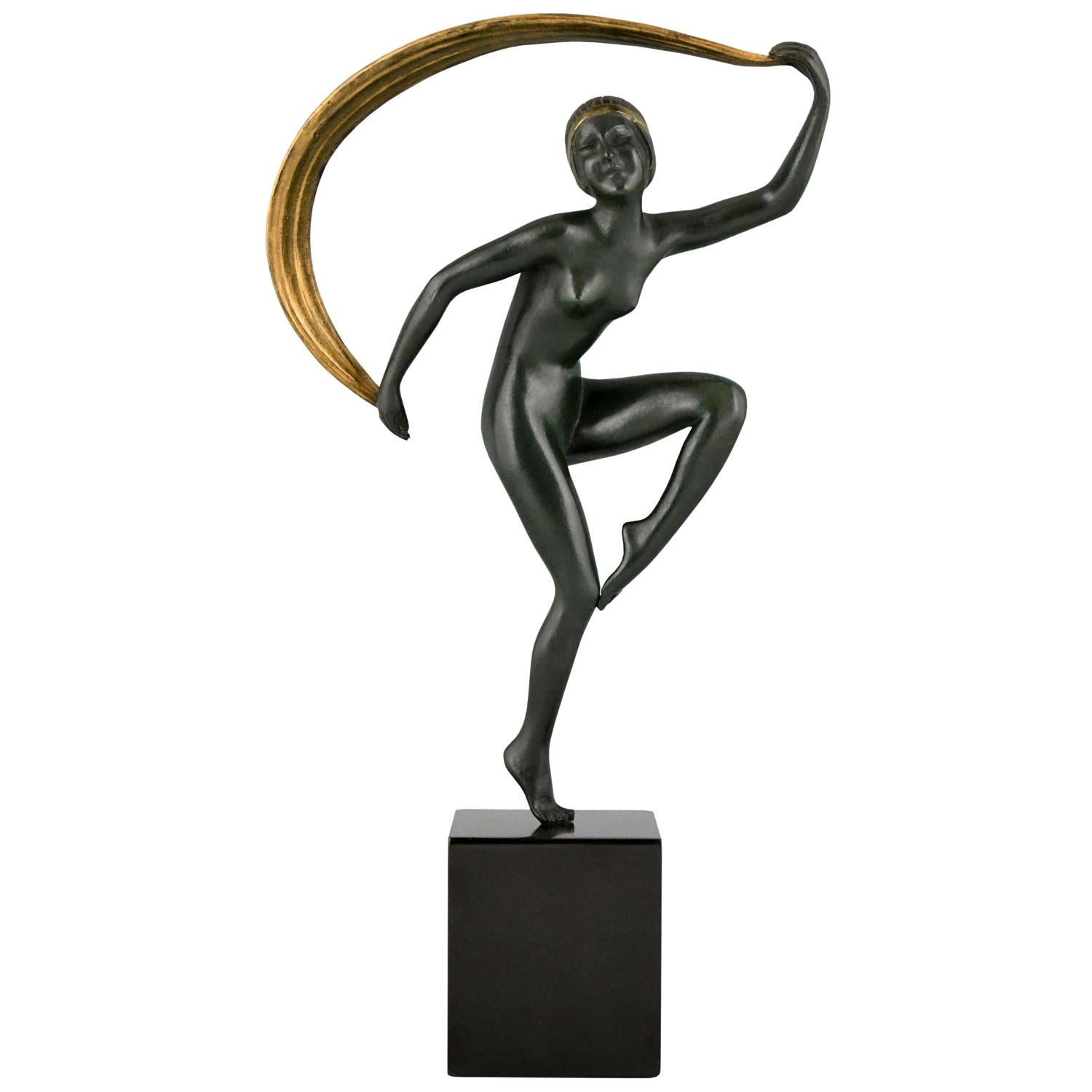 Art Deco Bronze Sculpture Nude Scarf Dancer Zoltan Kovats 1930