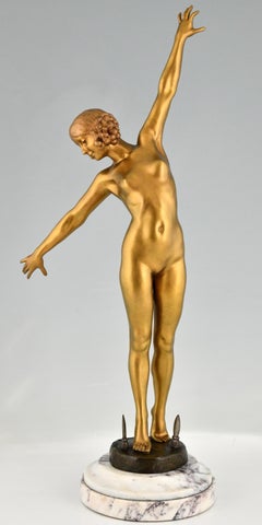 Art Deco bronze sculpture nude sword dancer by Ouillon Carrère, France 1919