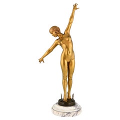 Antique Art Deco bronze sculpture nude sword dancer by Ouillon Carrère, France 1919