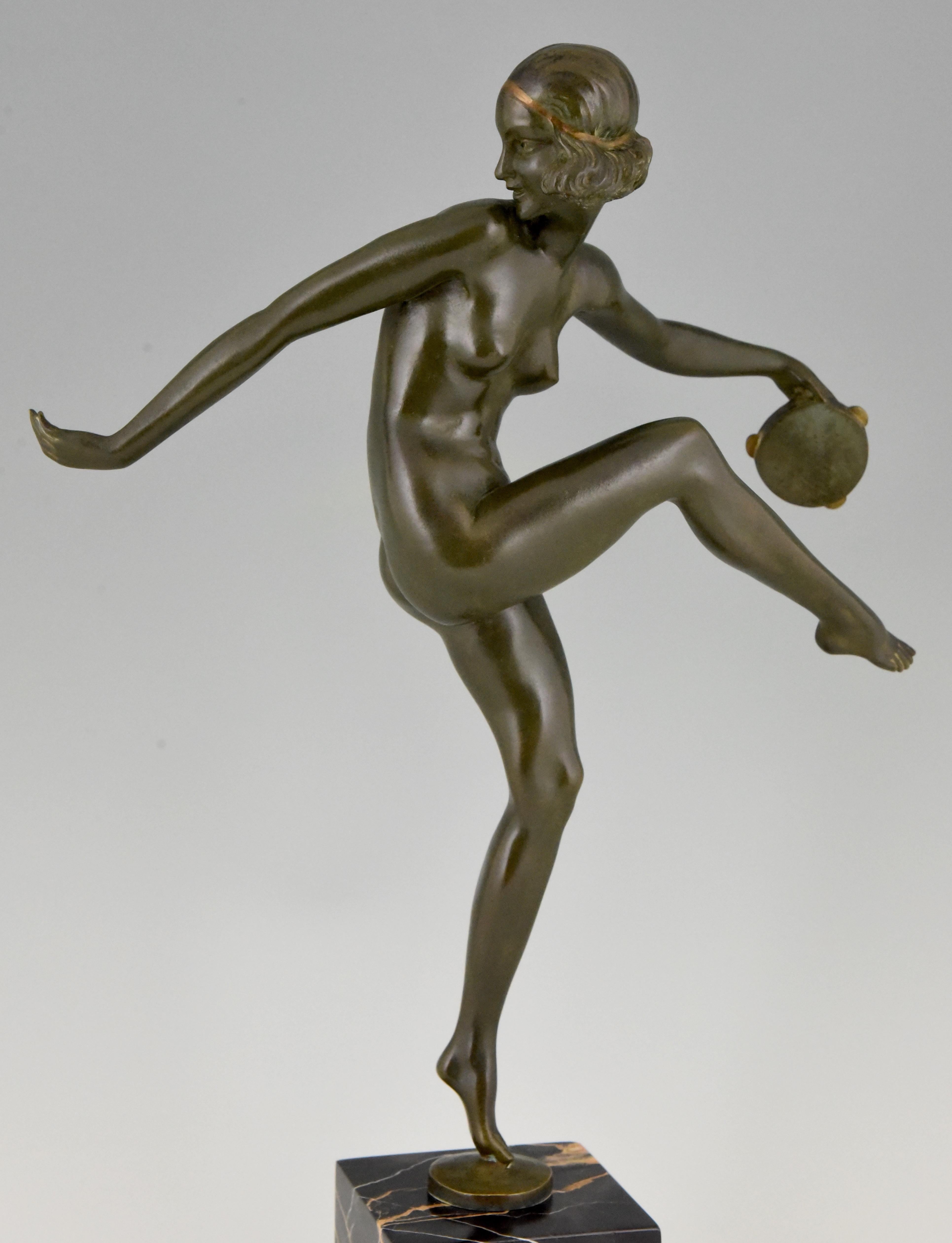 Art Deco Bronze Sculpture Nude Tambourine Dancer Pierre Laurel, Pie 3