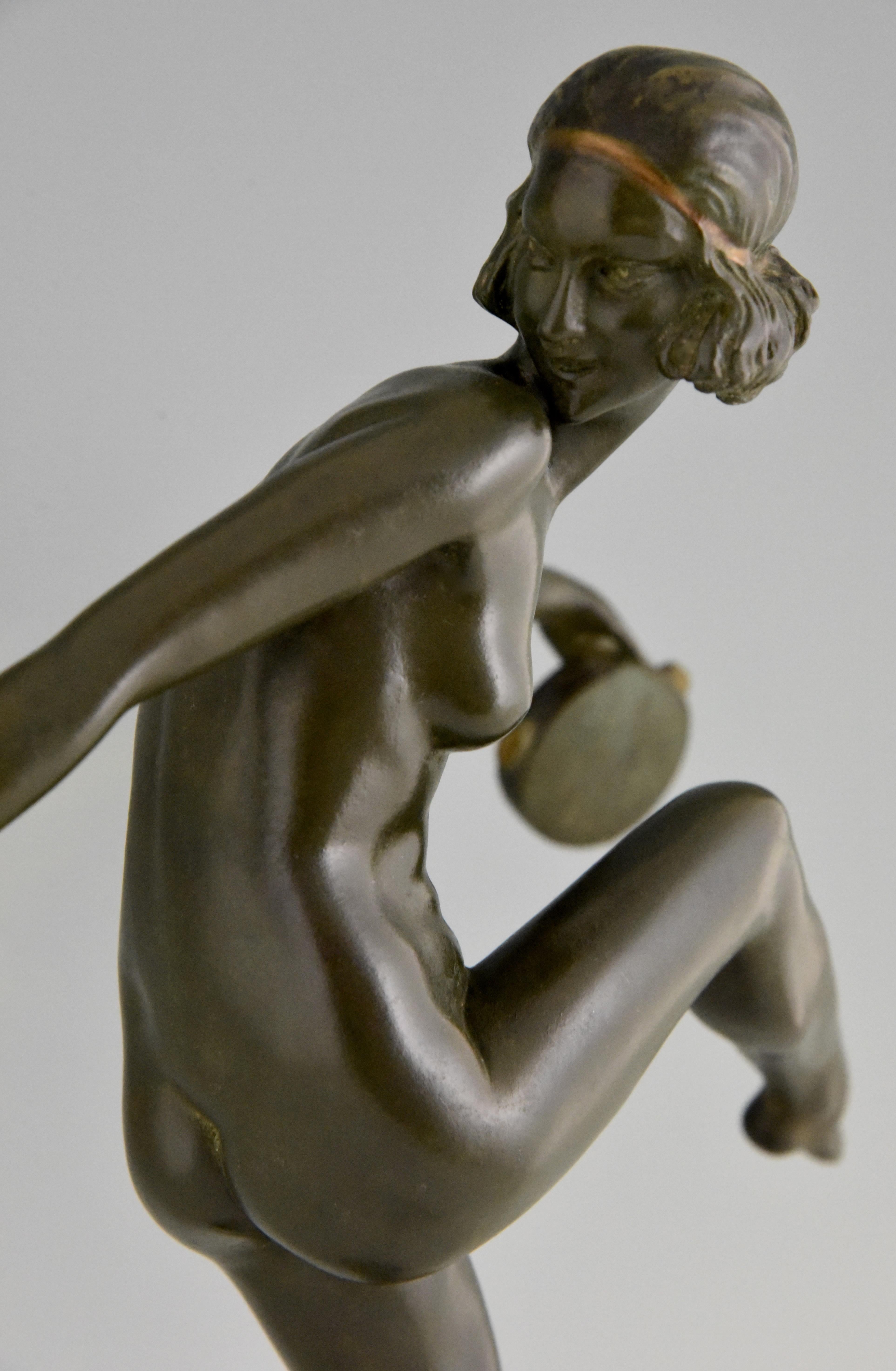 Art Deco Bronze Sculpture Nude Tambourine Dancer Pierre Laurel, Pie 4