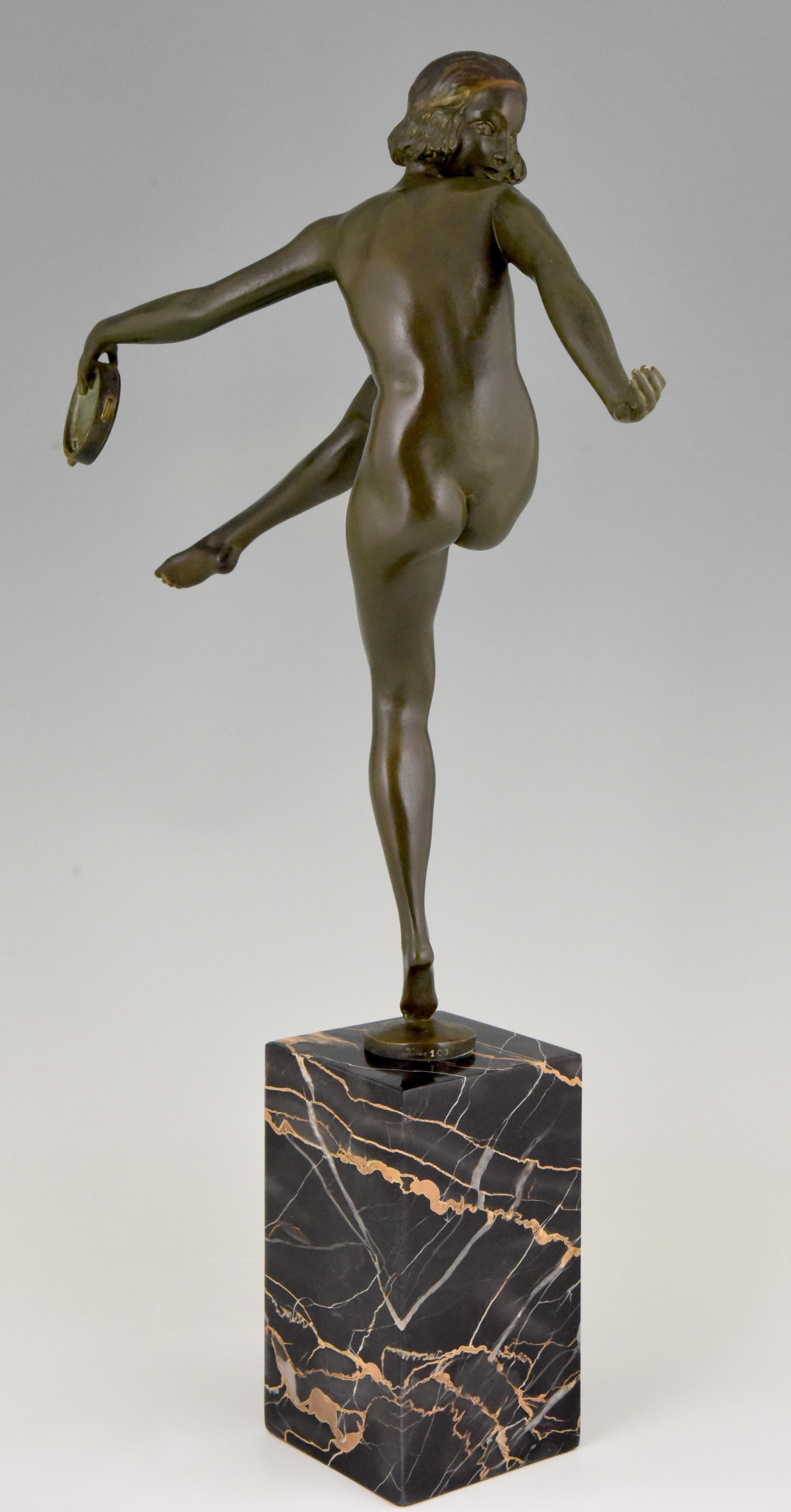French Art Deco Bronze Sculpture Nude Tambourine Dancer Pierre Laurel, Pie