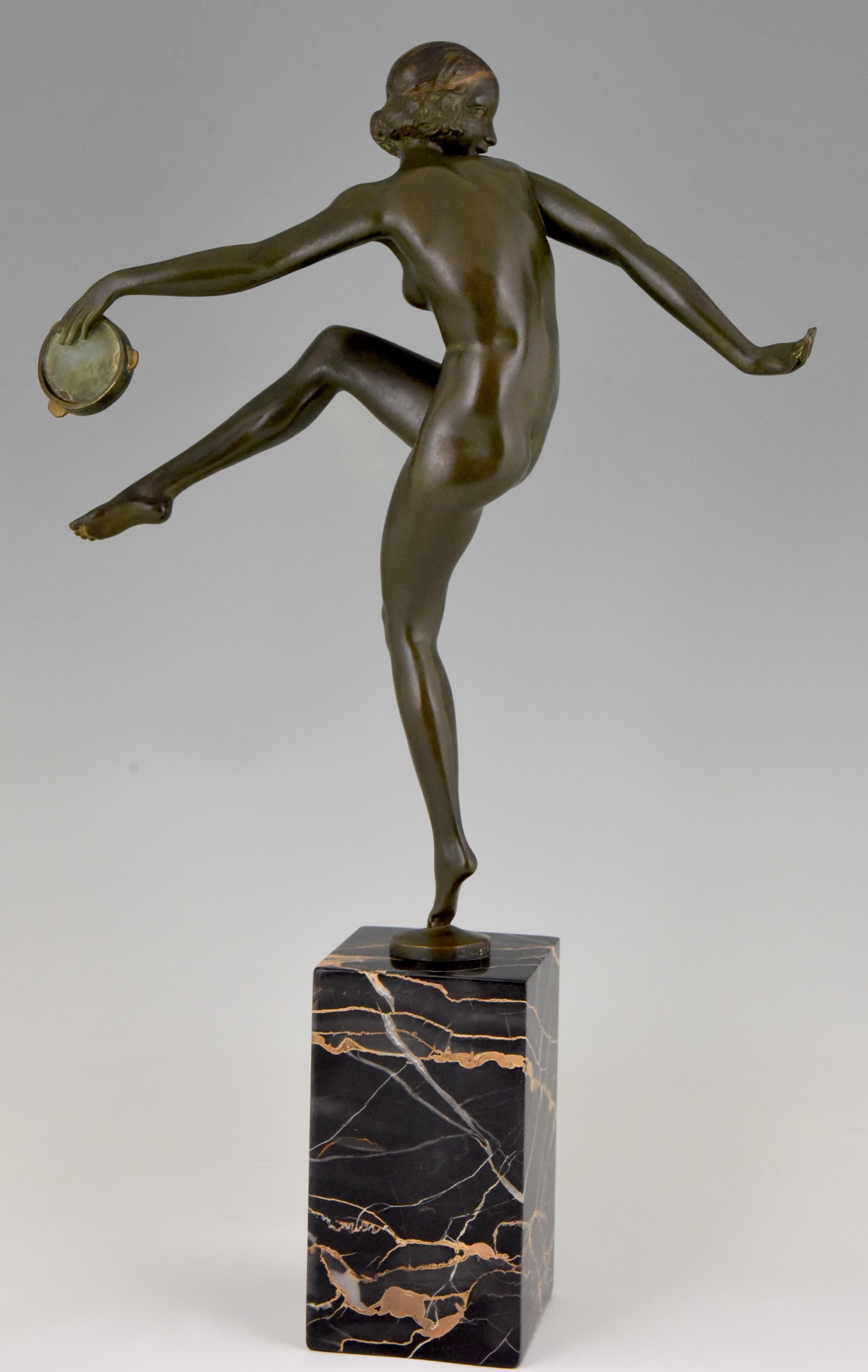 Art Deco Bronze Sculpture Nude Tambourine Dancer Pierre Laurel, Pie In Good Condition In Antwerp, BE