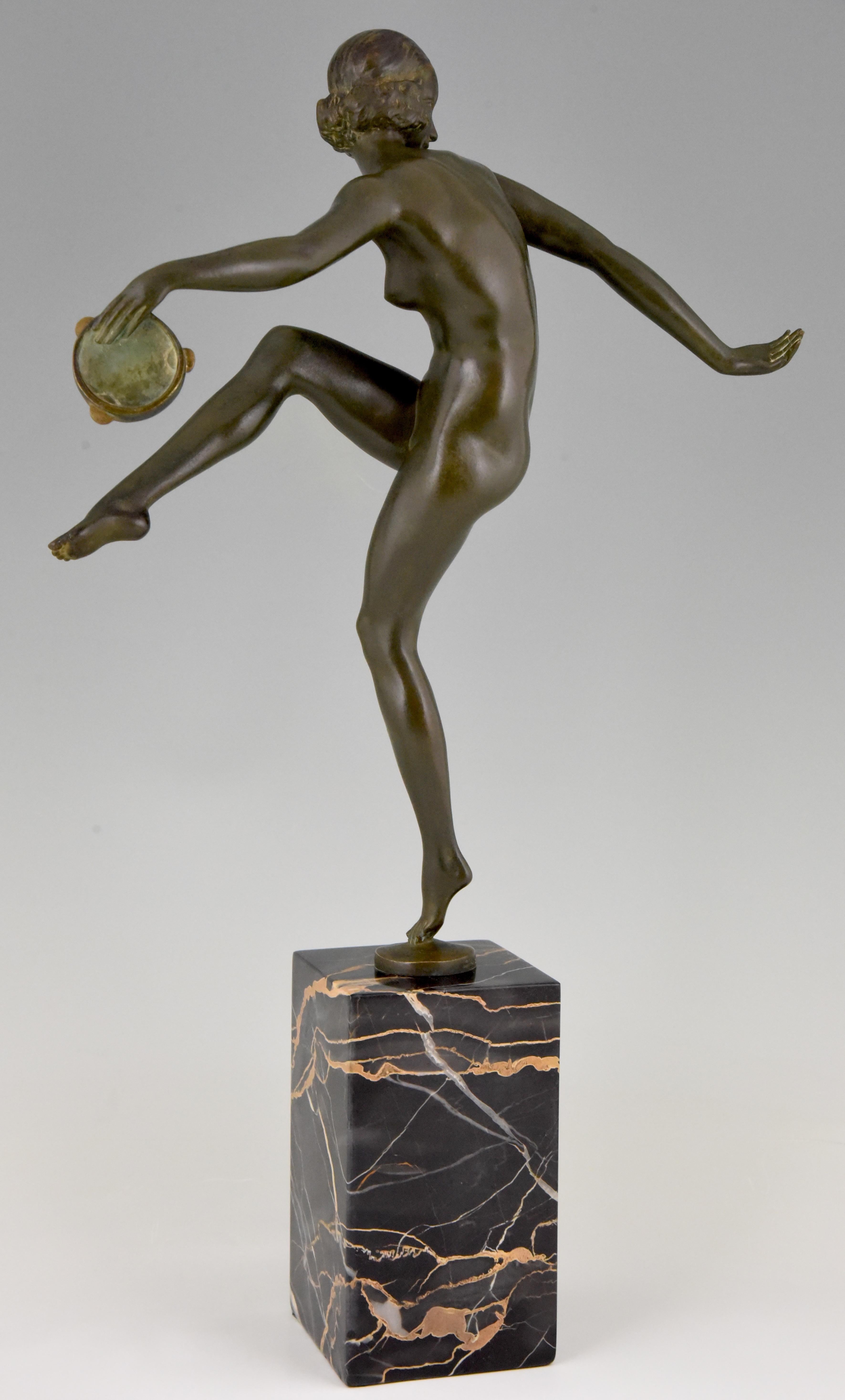 Early 20th Century Art Deco Bronze Sculpture Nude Tambourine Dancer Pierre Laurel, Pie