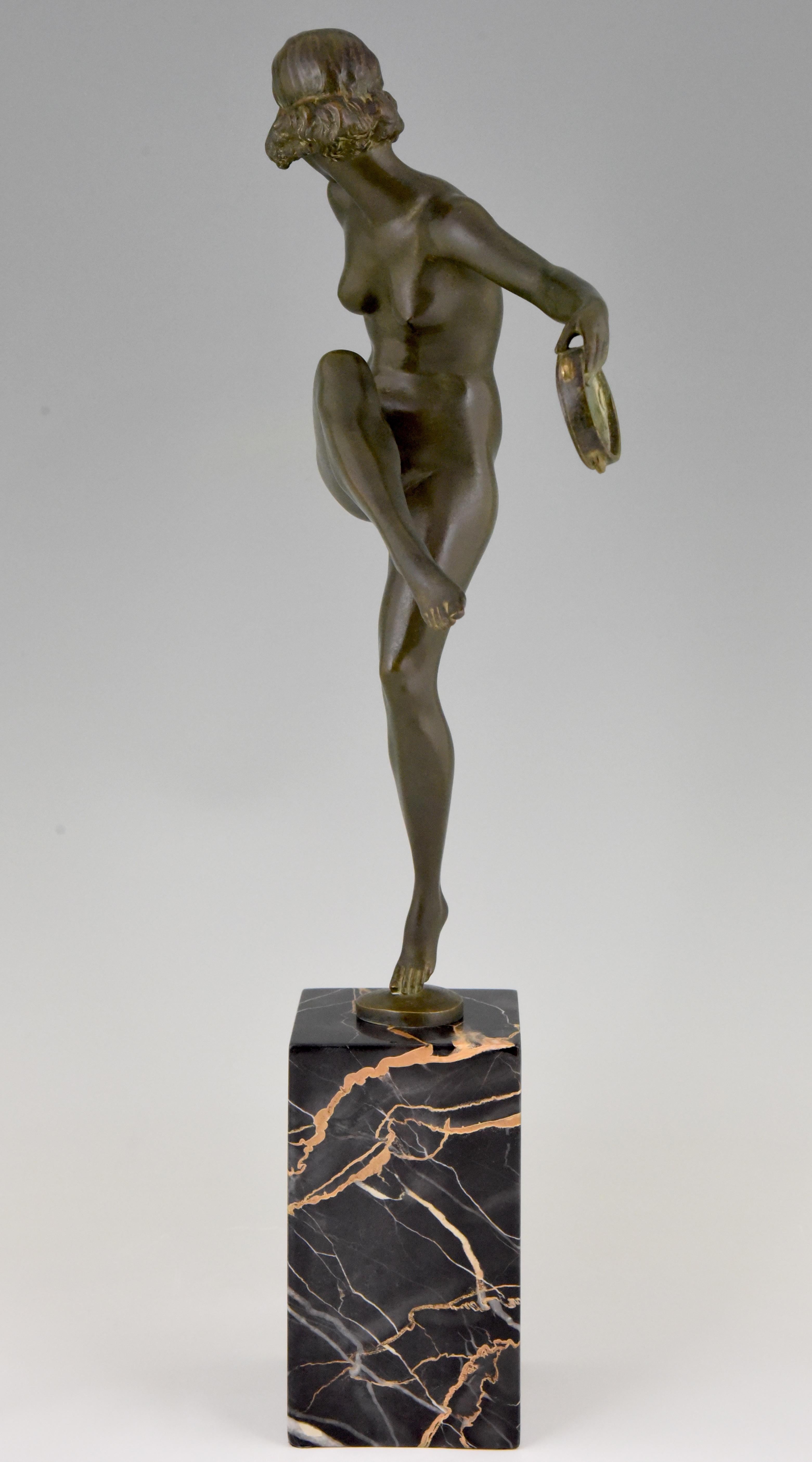 Art Deco Bronze Sculpture Nude Tambourine Dancer Pierre Laurel, Pie 1