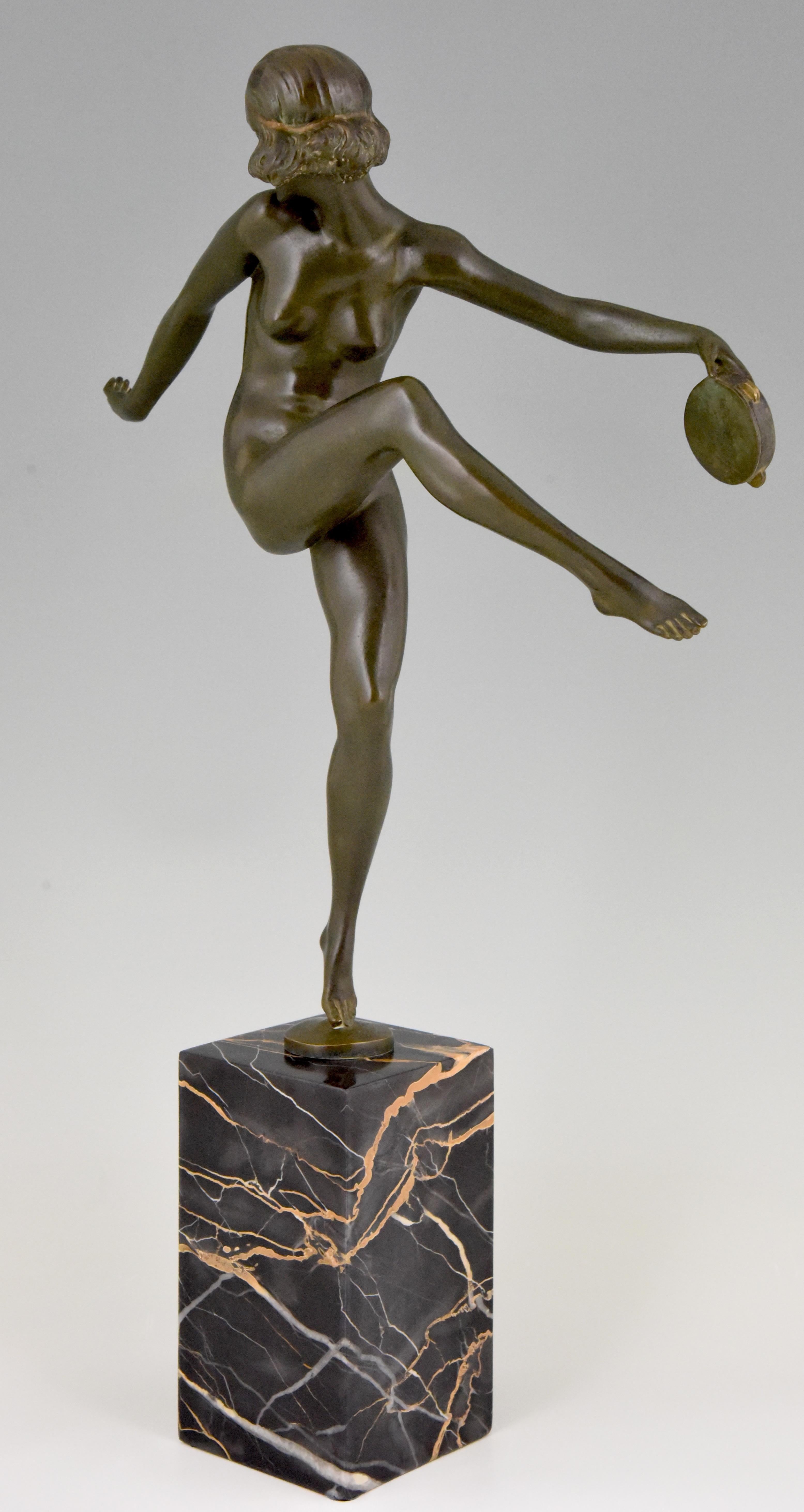 Art Deco Bronze Sculpture Nude Tambourine Dancer Pierre Laurel, Pie 2