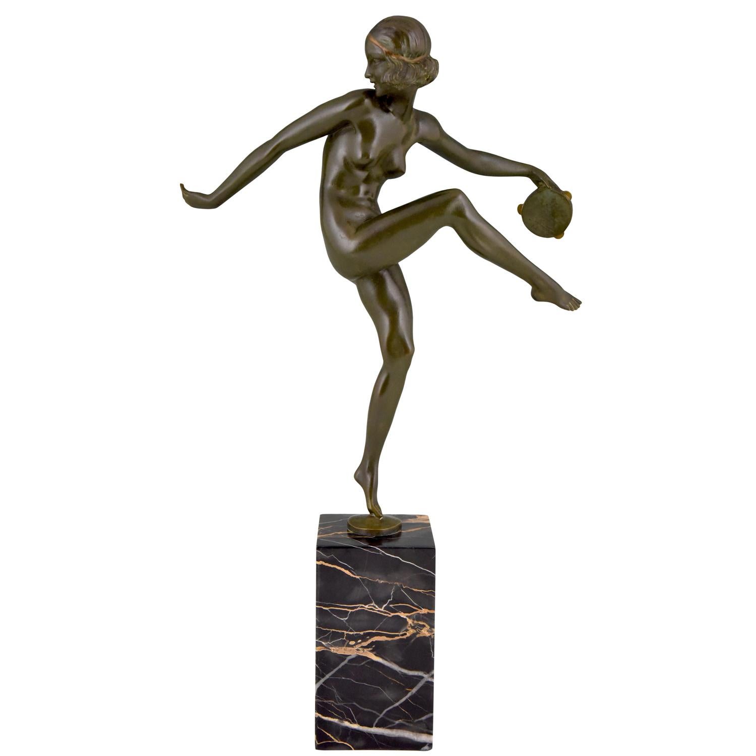 Art Deco Bronze Sculpture Nude Tambourine Dancer Pierre Laurel, Pie
