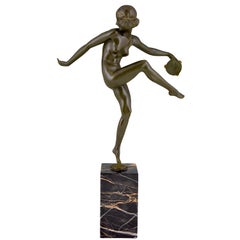 Art Deco Bronze Sculpture Nude Tambourine Dancer Pierre Laurel, Pie