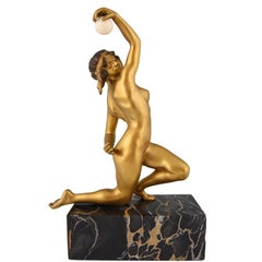 Art Deco Bronze-Skulptur Akt mit Ball Affortunato Gory 1920 Frankreich