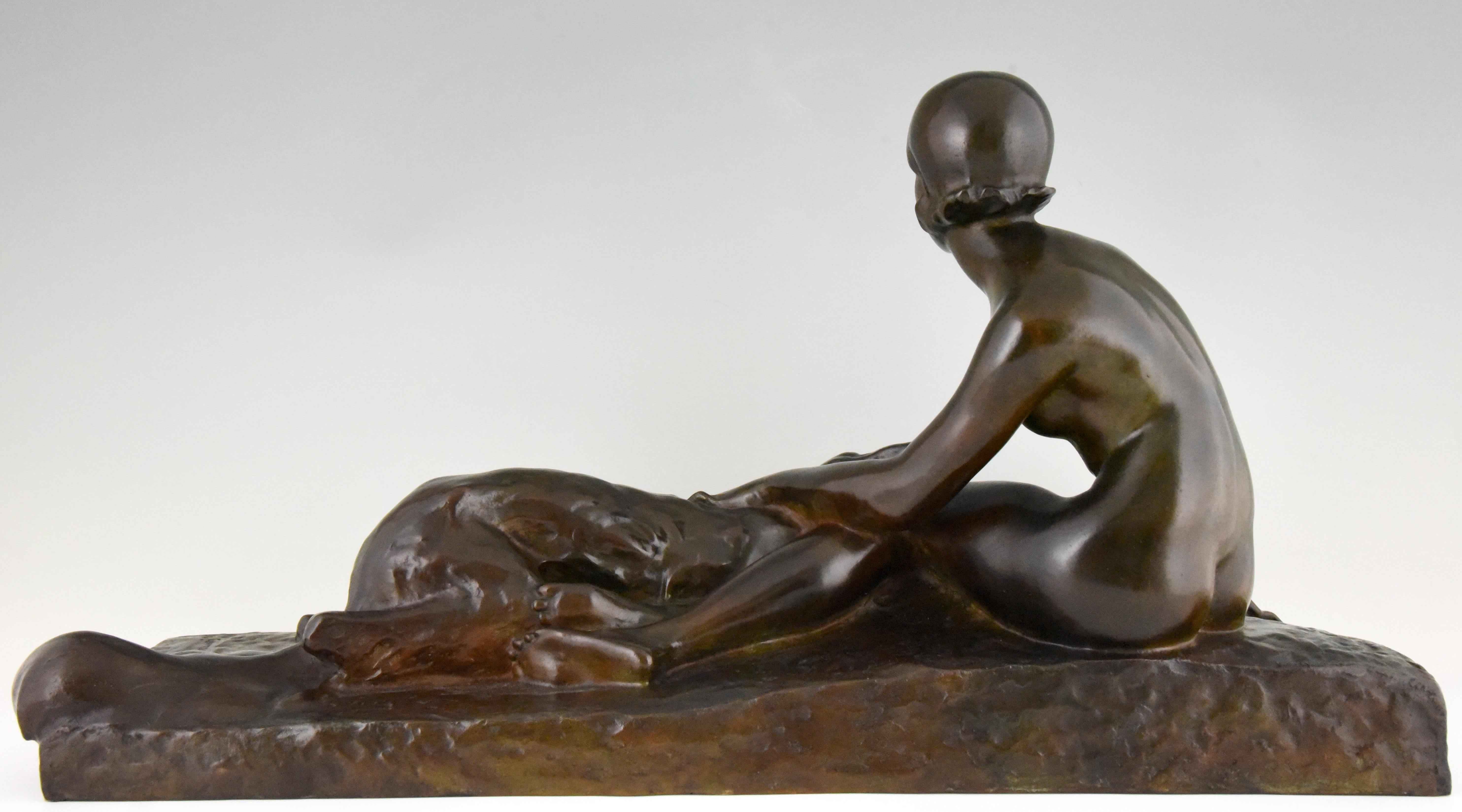 Late 20th Century Art Deco Bronze Sculpture Nude with Borzoi Dog by Georges Coste France 1930