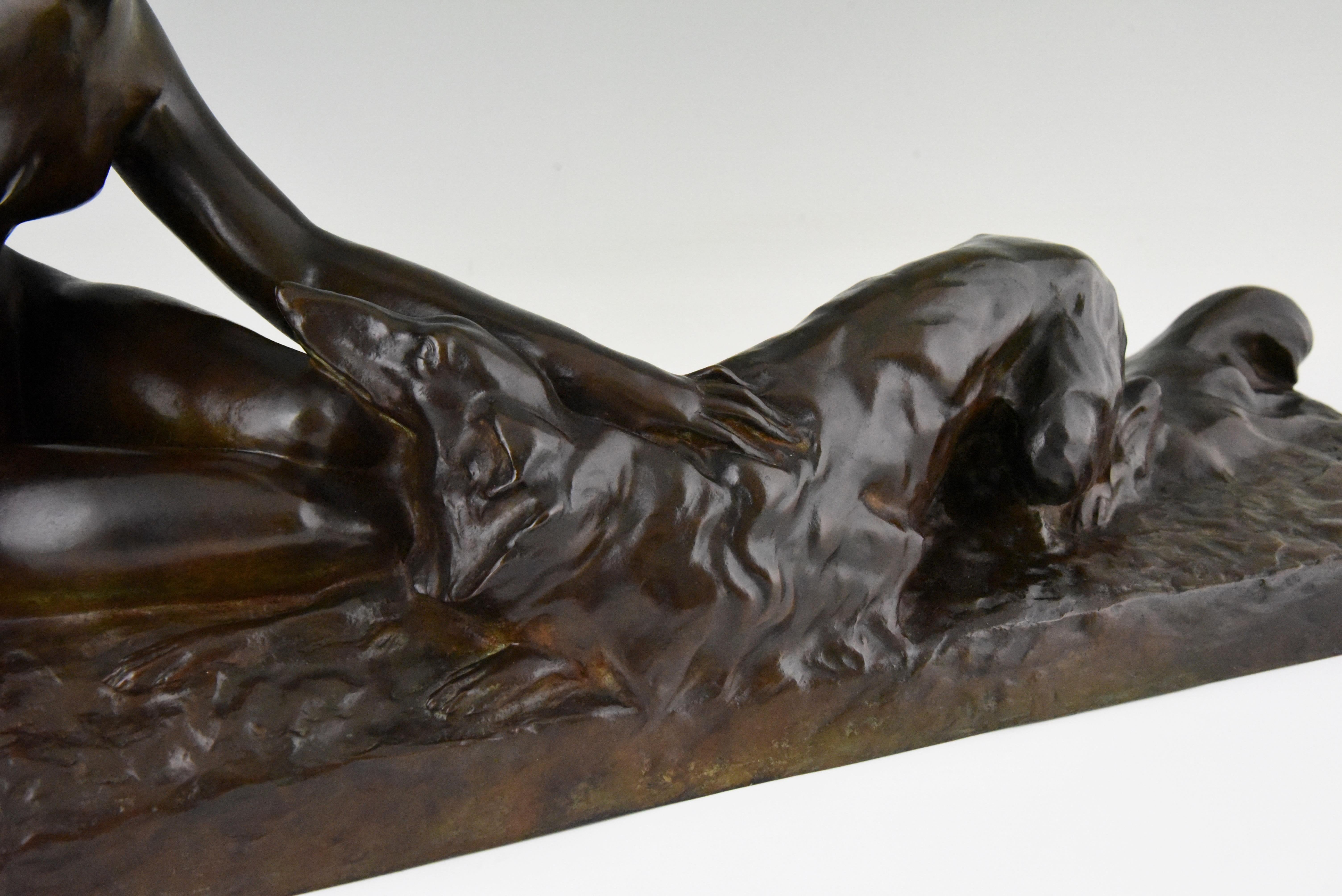 Art Deco Bronze Sculpture Nude with Borzoi Dog by Georges Coste France 1930 3