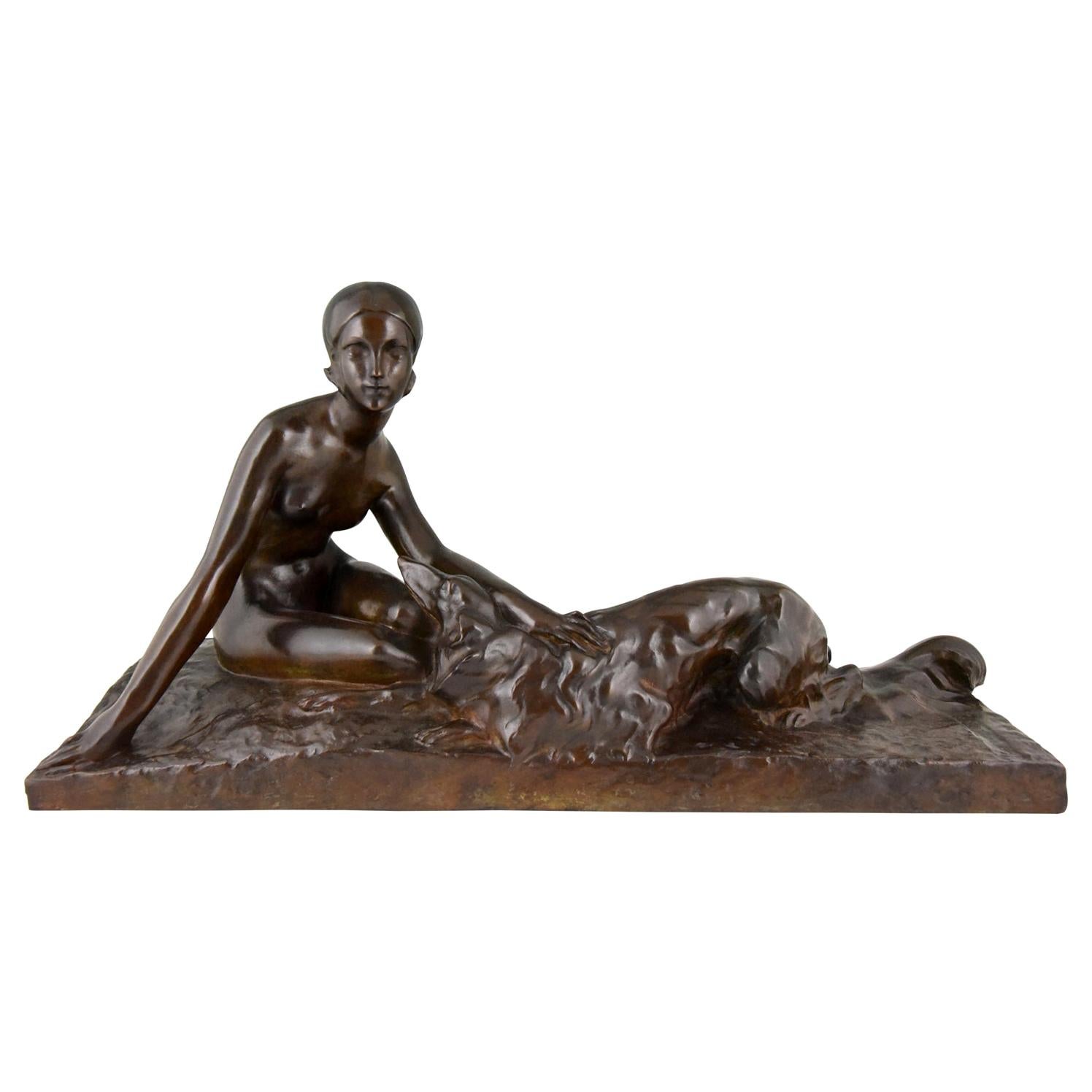 Art Deco Bronze Sculpture Nude with Borzoi Dog by Georges Coste France 1930