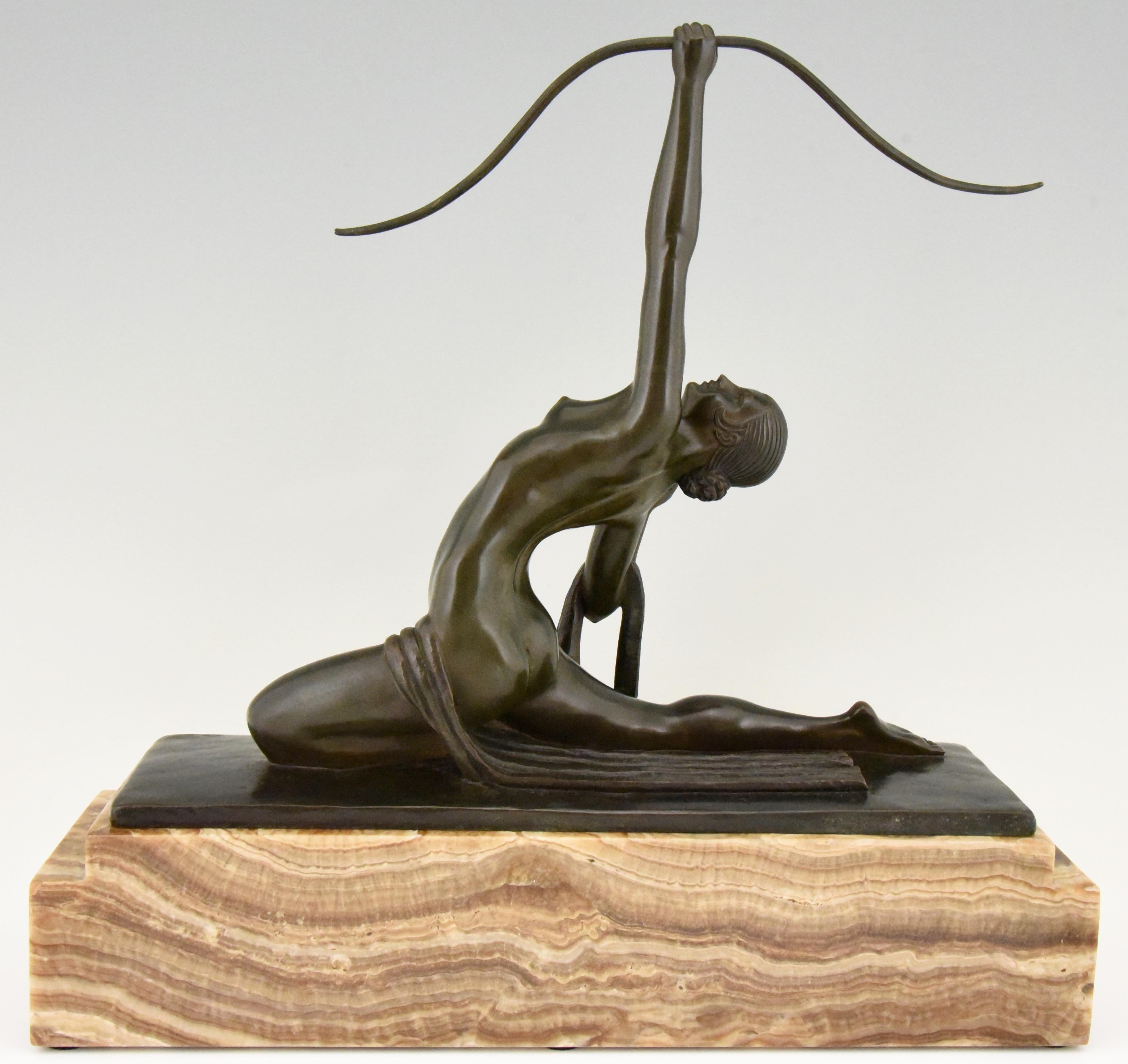 Patinated Art Deco Bronze Sculpture Nude with Bow Diana Marcel Andre Bouraine, 1920