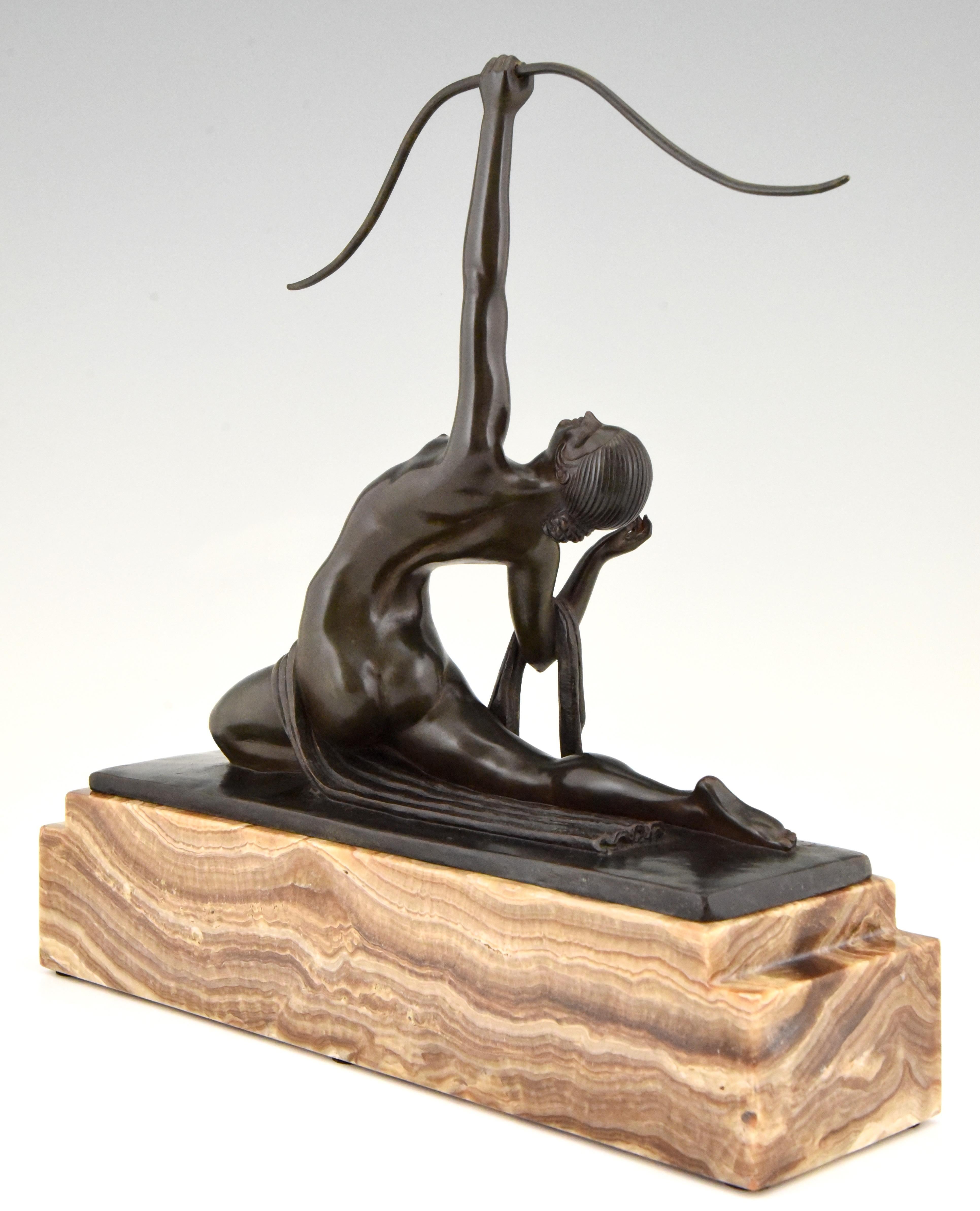 Art Deco Bronze Sculpture Nude with Bow Diana Marcel Andre Bouraine, 1920 In Good Condition In Antwerp, BE
