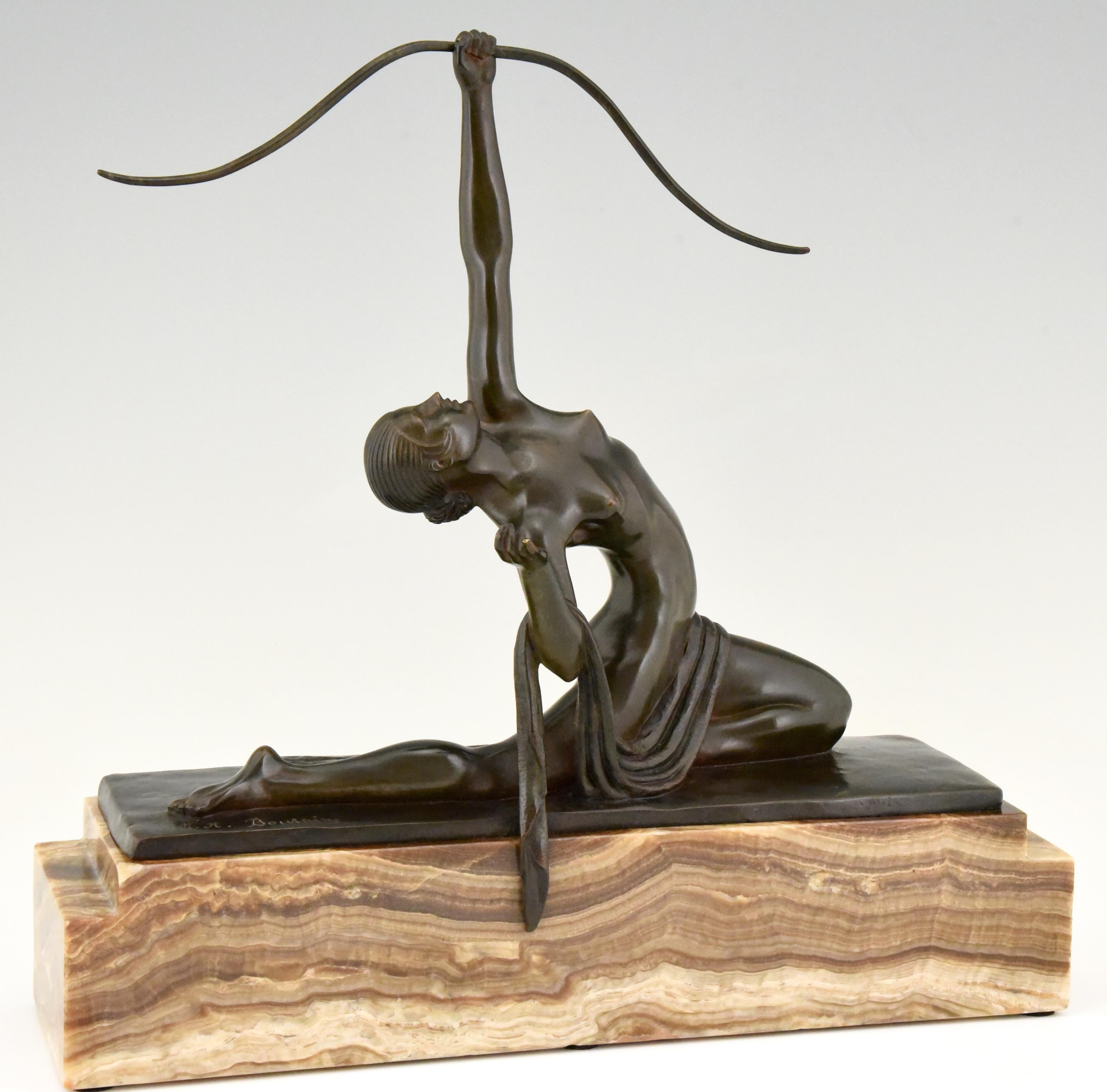 Art Deco Bronze Sculpture Nude with Bow Diana Marcel Andre Bouraine, 1920 1