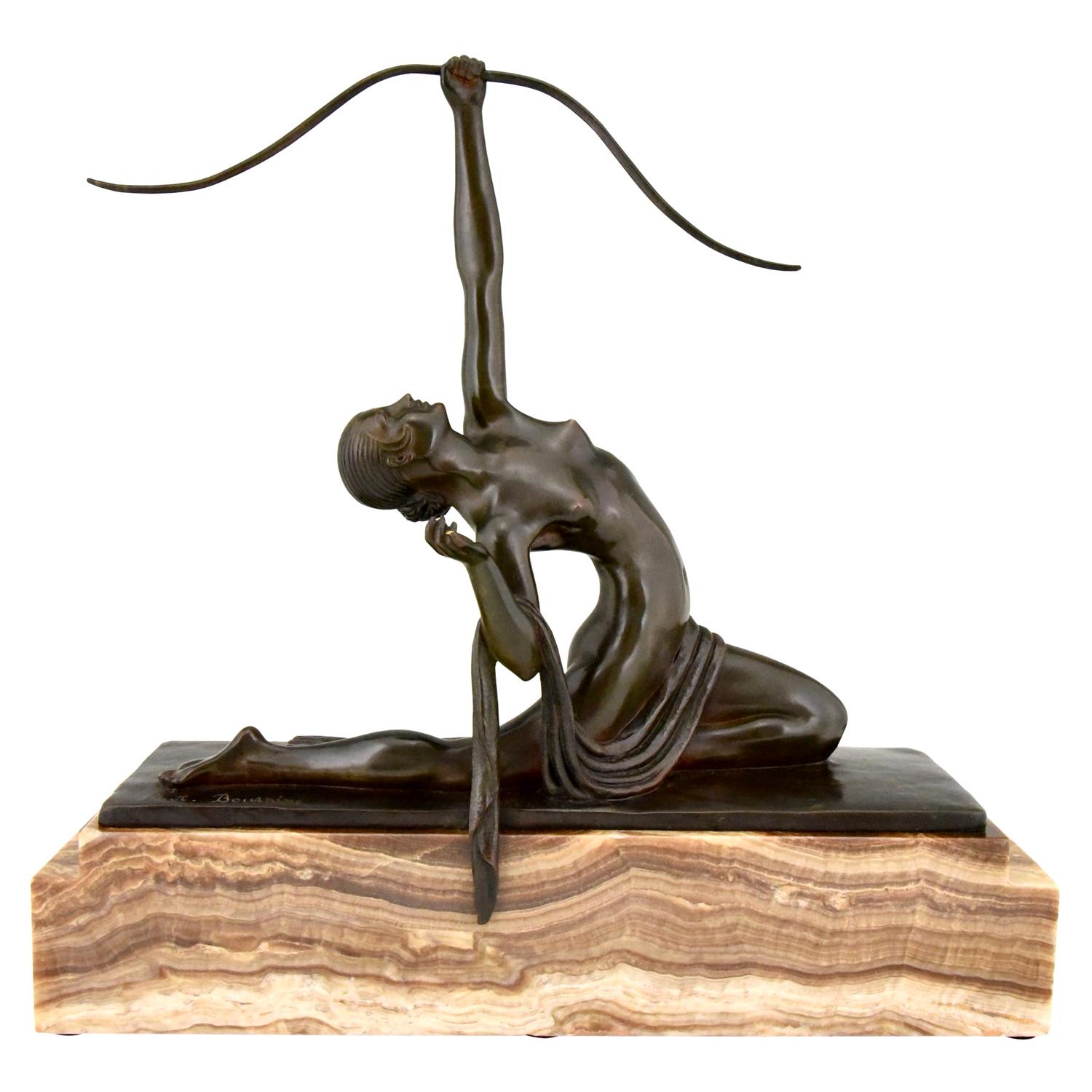 Art Deco Bronze Sculpture Nude with Bow Diana Marcel Andre Bouraine, 1920