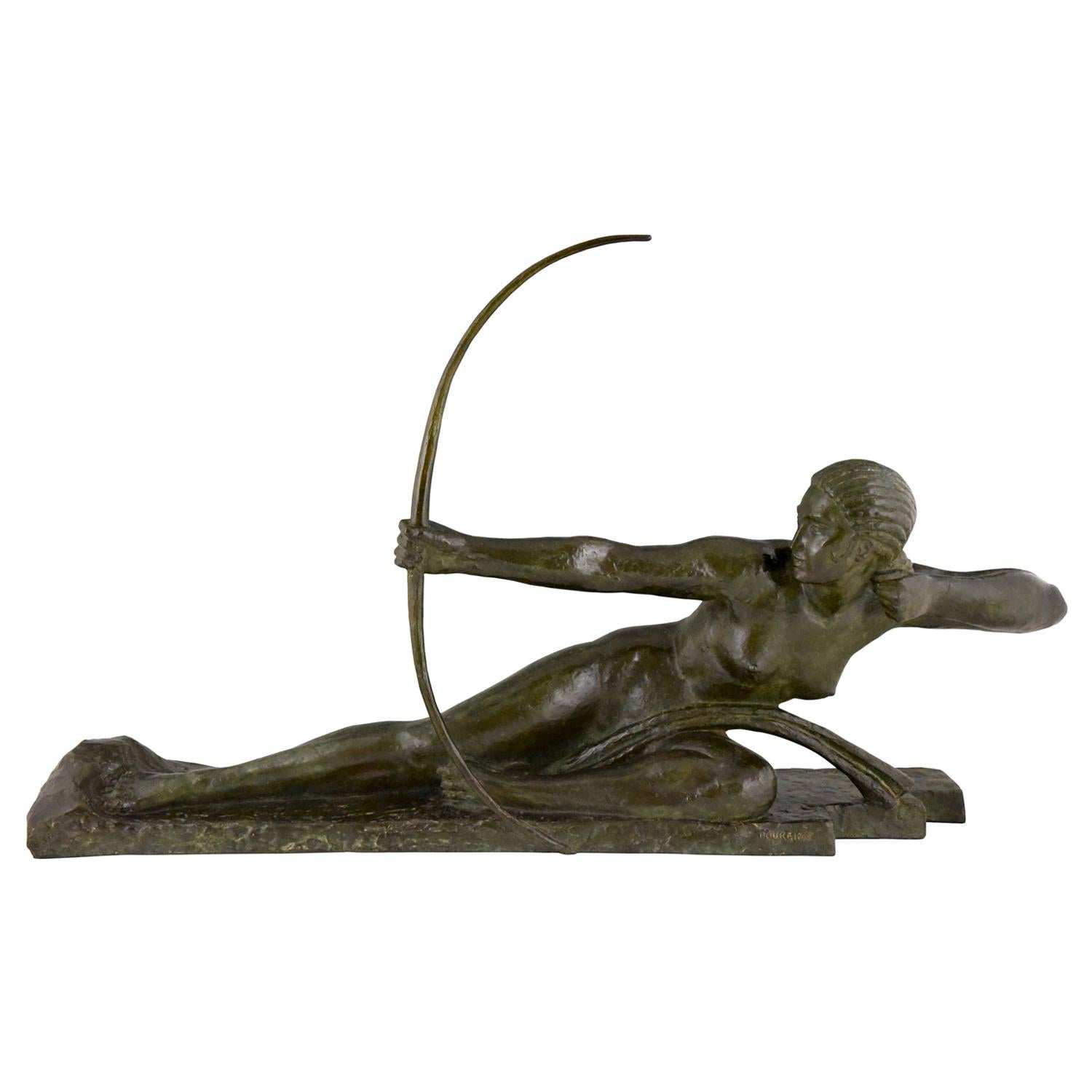 Art Deco Bronzeskulptur Akt mit Schleife Penthesilia von Bouraine:: Frankreich:: 1930