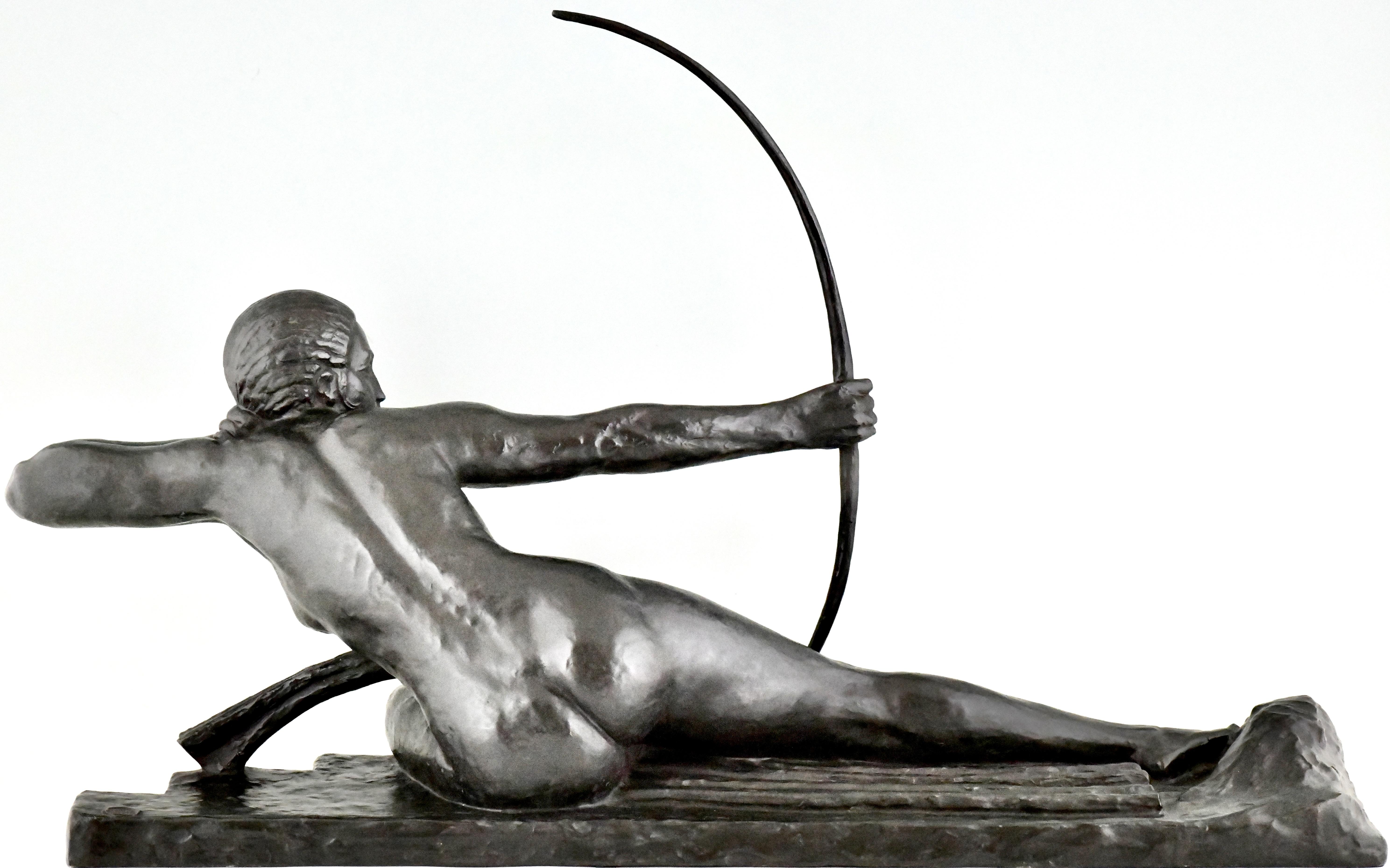Art Deco bronze sculpture nude with bow Penthesilia Marcel Bouraine, Susse Fr.  In Good Condition In Antwerp, BE