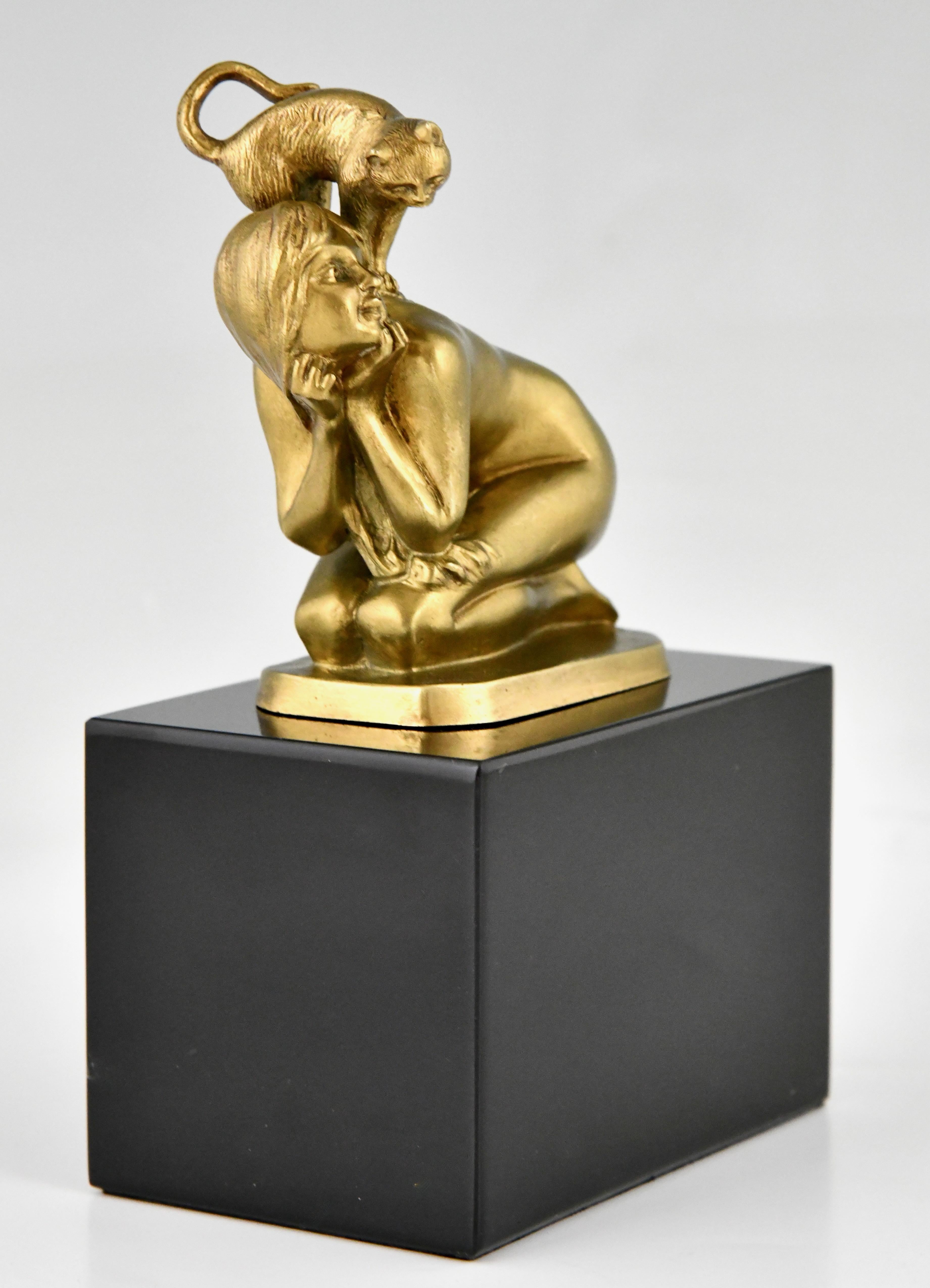 French Art Deco bronze sculpture nude with cat by Henry Fugère