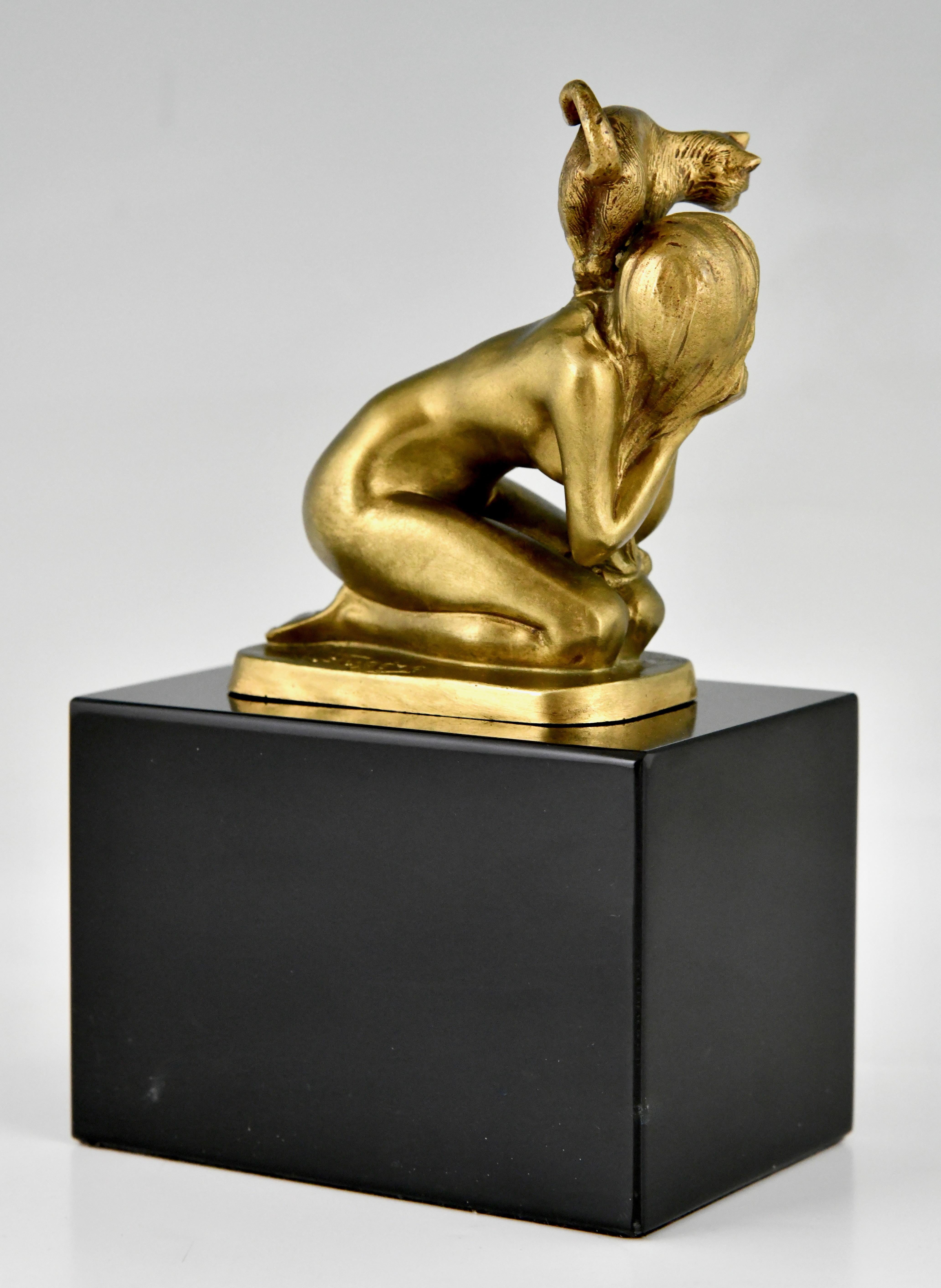 Early 20th Century Art Deco bronze sculpture nude with cat by Henry Fugère