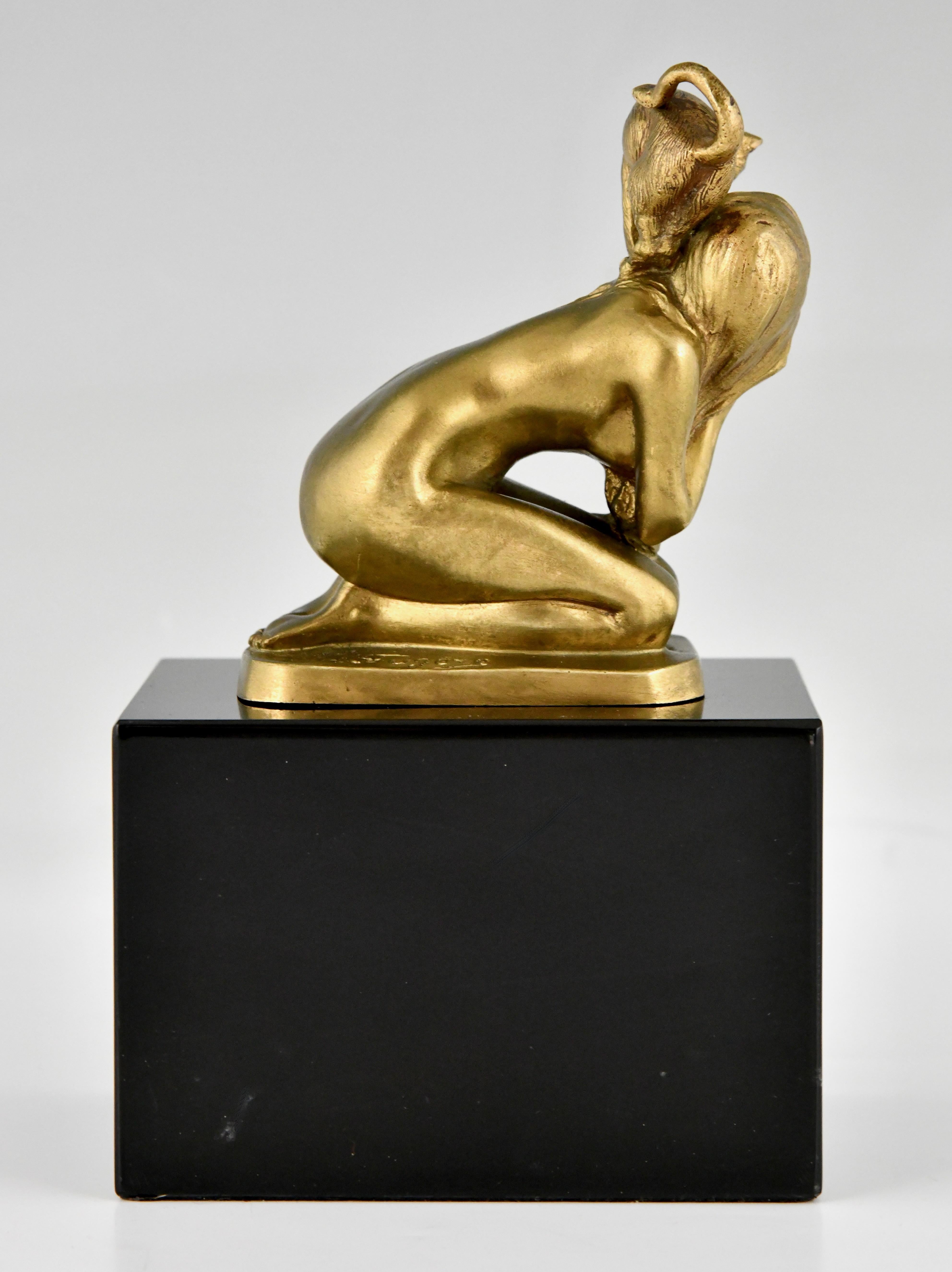 Bronze Art Deco bronze sculpture nude with cat by Henry Fugère