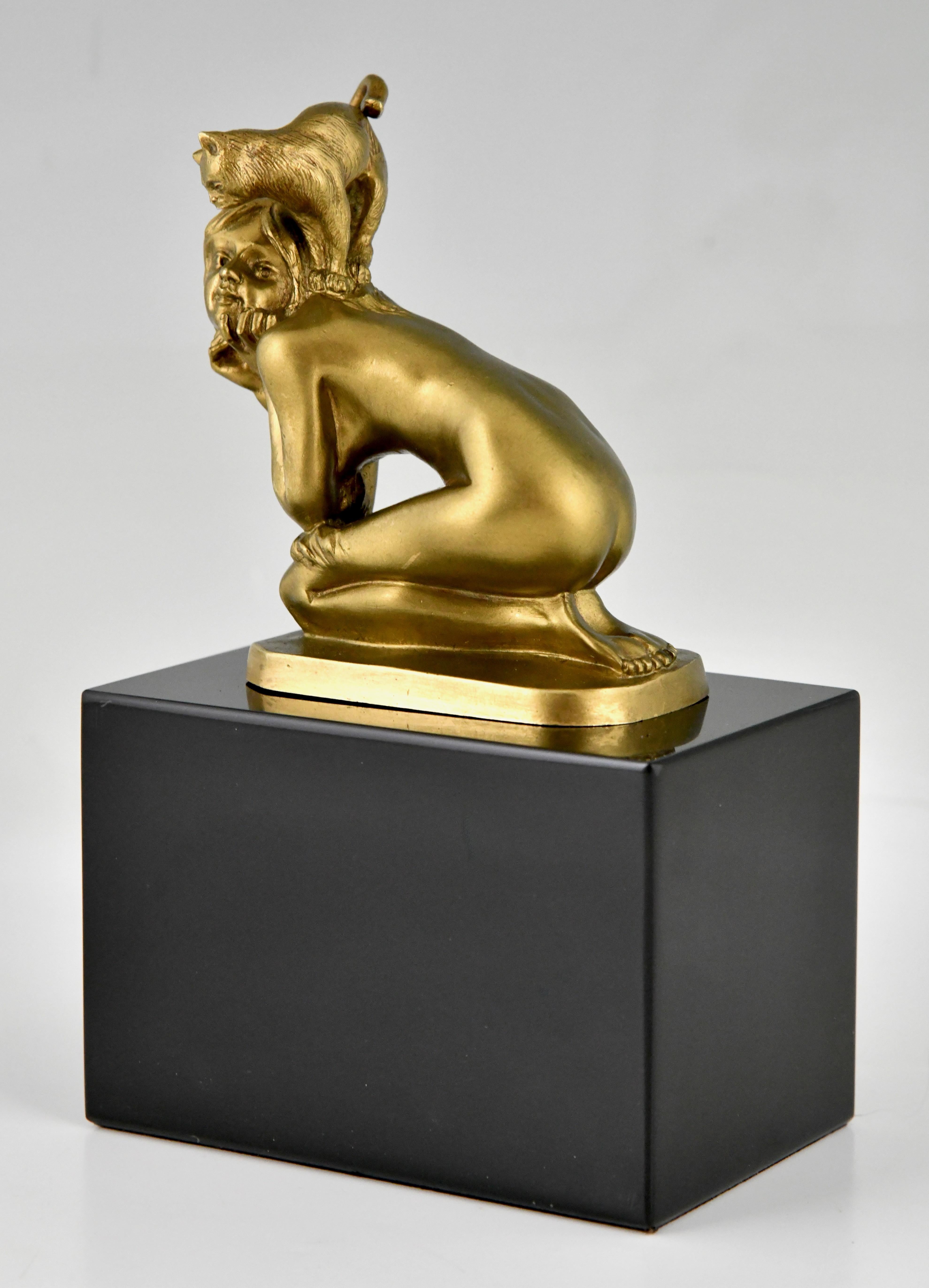 Art Deco bronze sculpture nude with cat by Henry Fugère 2