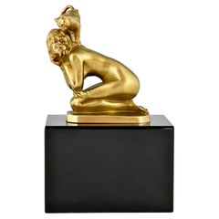 Art Deco Bronzeskulptur Akt mit Katze von Henry Fugère