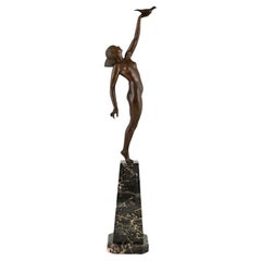Art Deco bronze sculpture nude with dove Pierre Le Faguays MESSAGE OF LOVE 1925