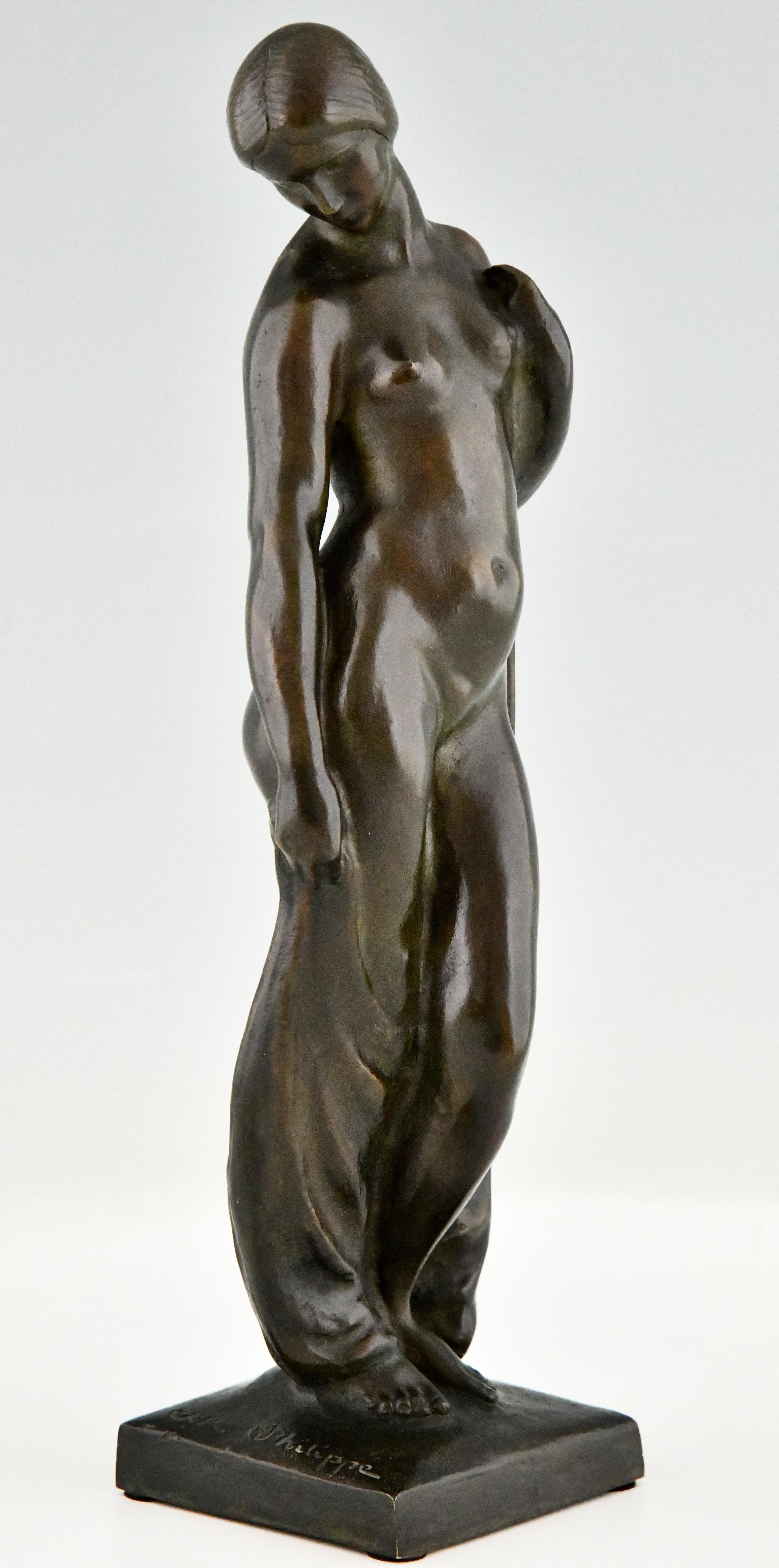 French Art Deco Bronze Sculpture Nude with Drape by Abel R. Philippe, France 1925 For Sale