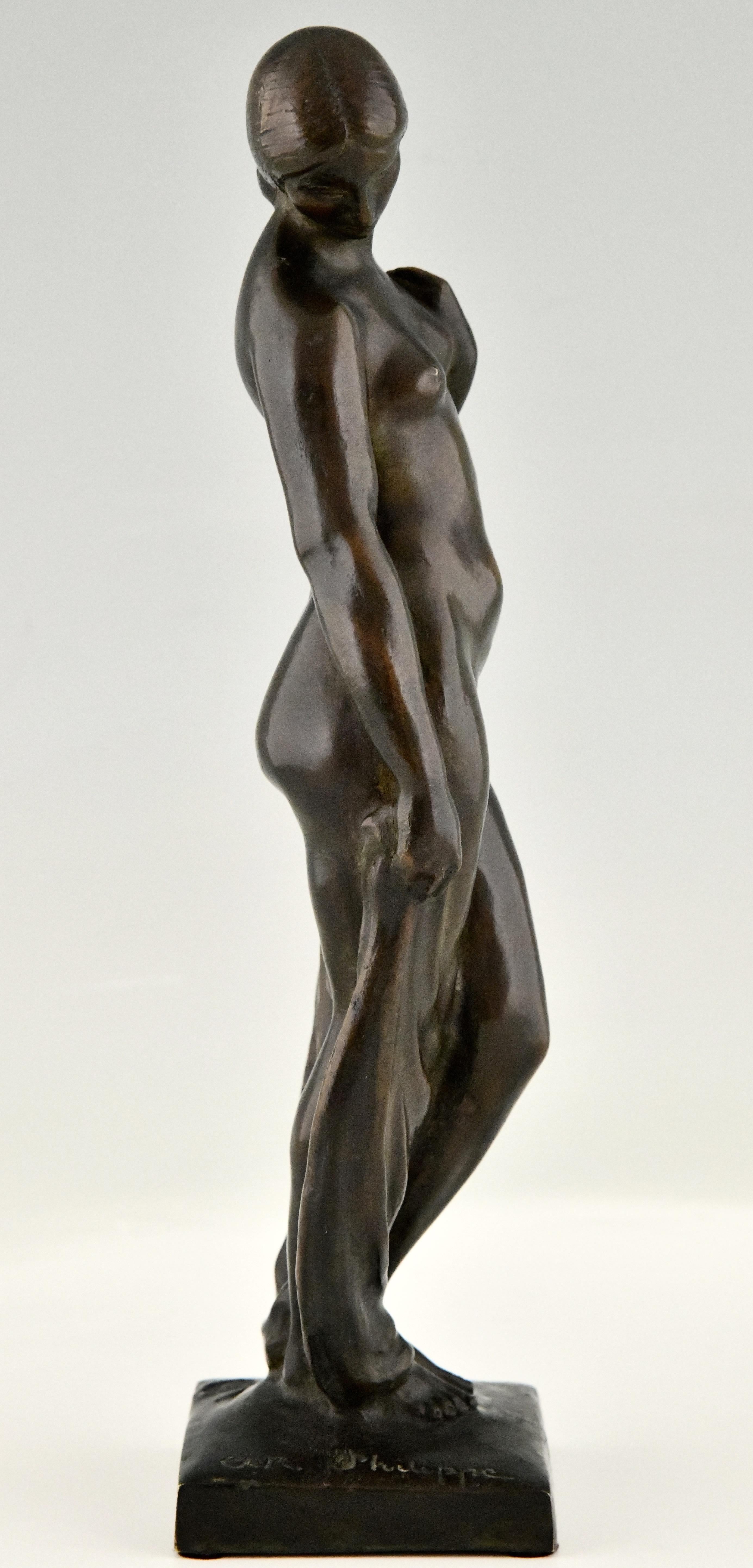 Patinated Art Deco Bronze Sculpture Nude with Drape by Abel R. Philippe, France 1925 For Sale