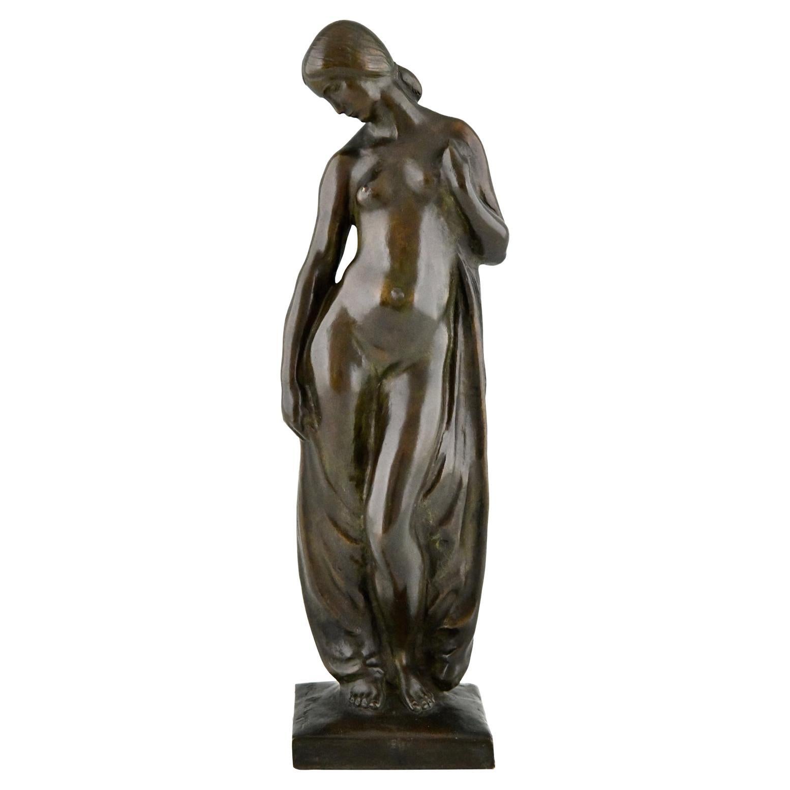 Bronzeskulptur im Art déco-Stil, Aktskulptur mit Zeichnung von Abel R. Philippe, Frankreich 1925