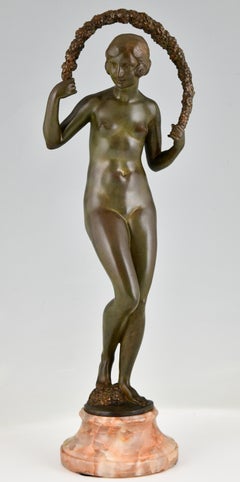 Art Deco Bronze Sculpture Nude with Garland by Joe Descomps Cormier 1925