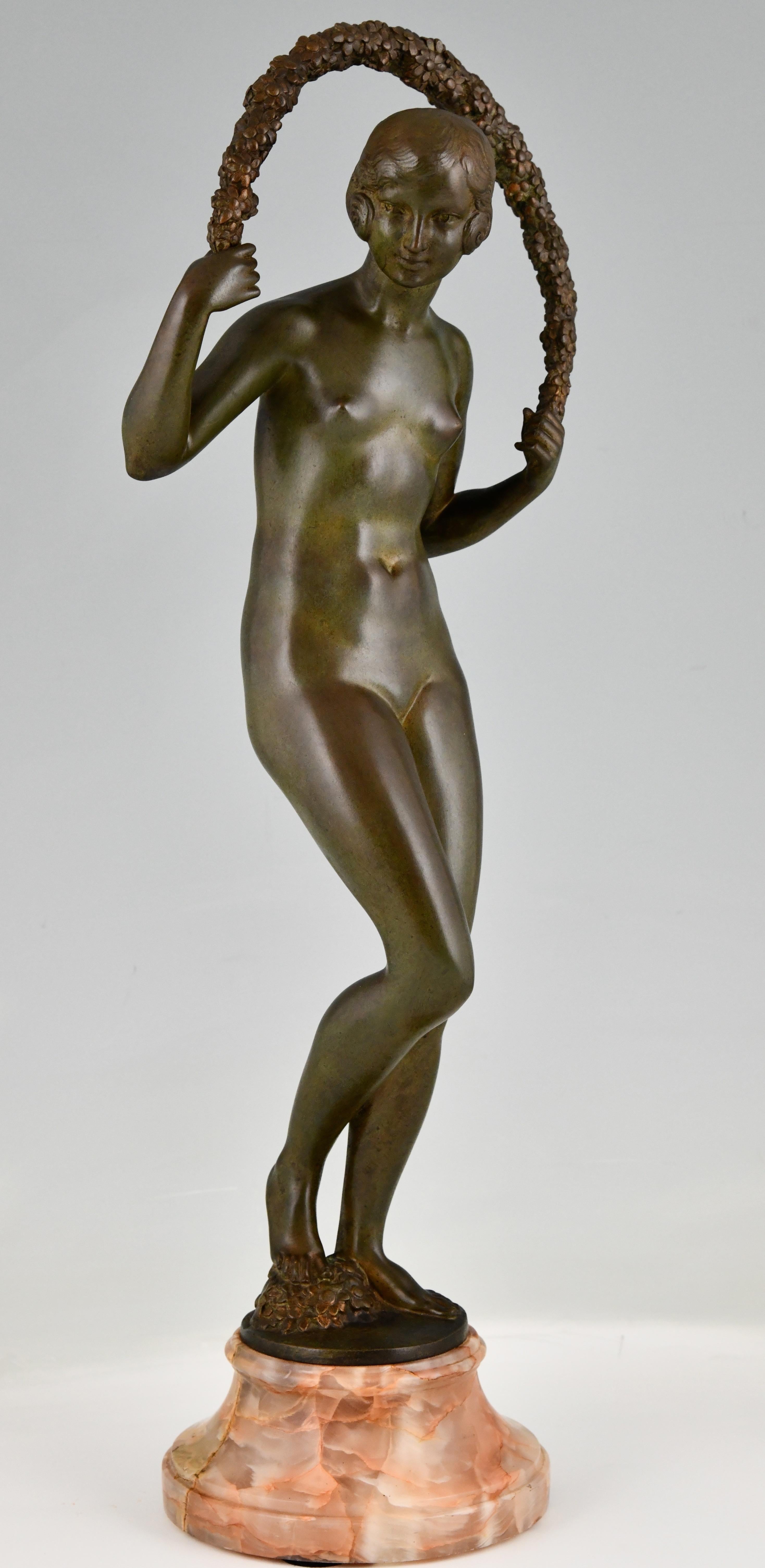 French Art Deco Bronze Sculpture Nude with Garland by Joe Descomps Cormier 1925 For Sale