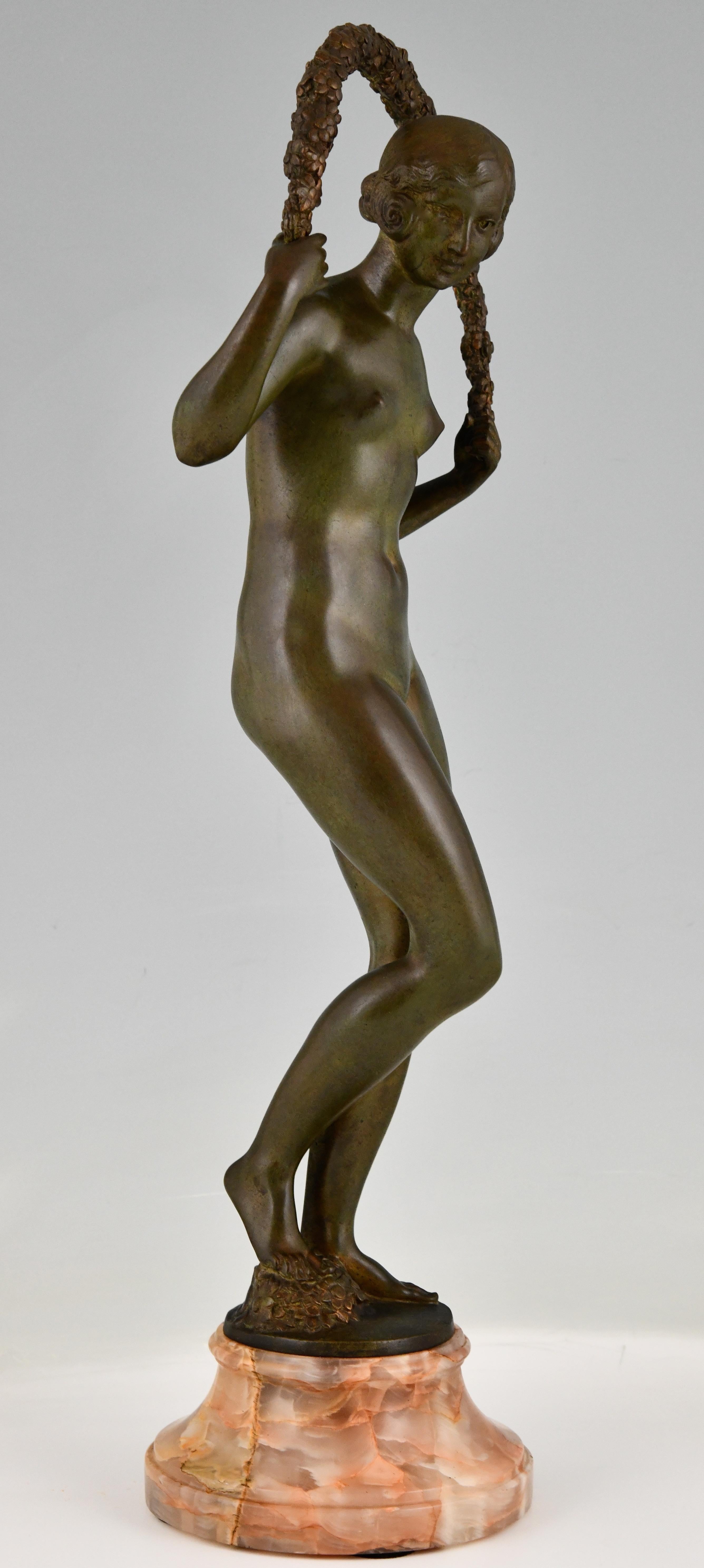 Patinated Art Deco Bronze Sculpture Nude with Garland by Joe Descomps Cormier 1925 For Sale
