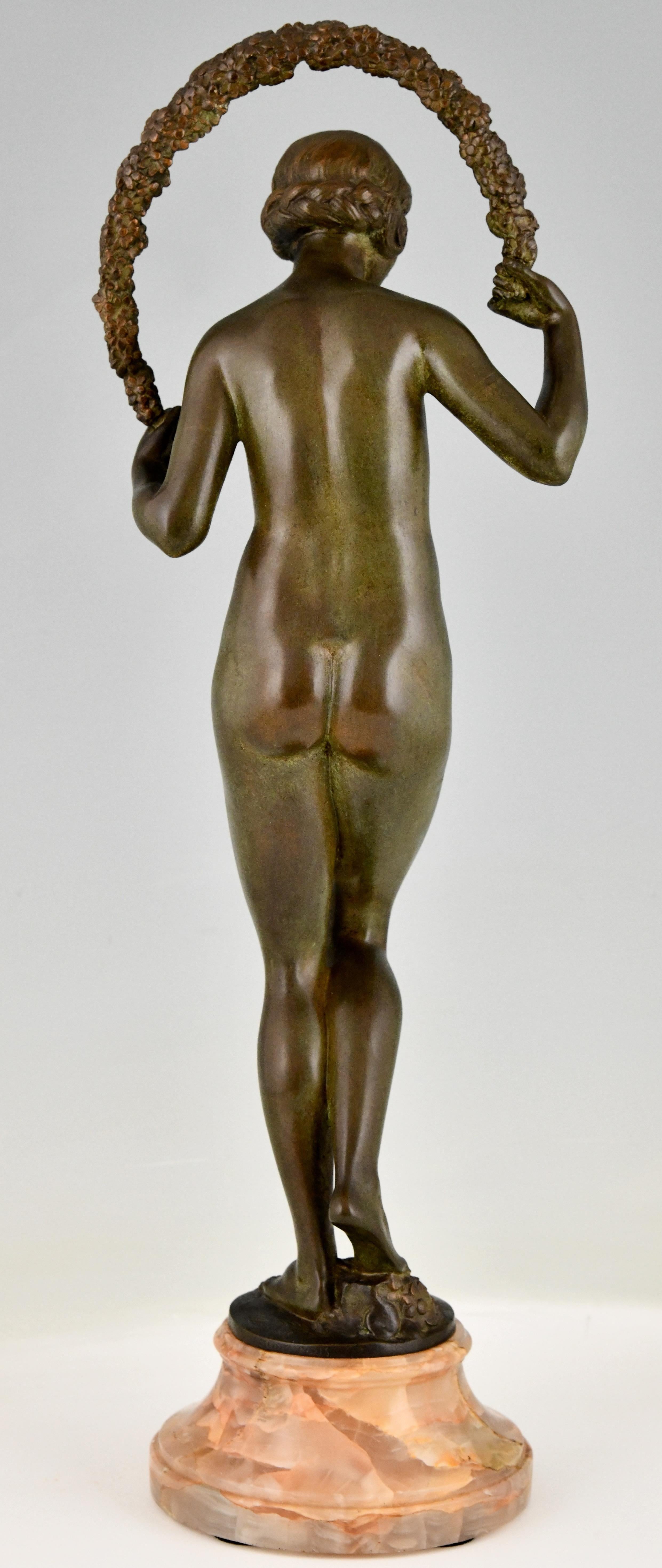Early 20th Century Art Deco Bronze Sculpture Nude with Garland by Joe Descomps Cormier 1925 For Sale