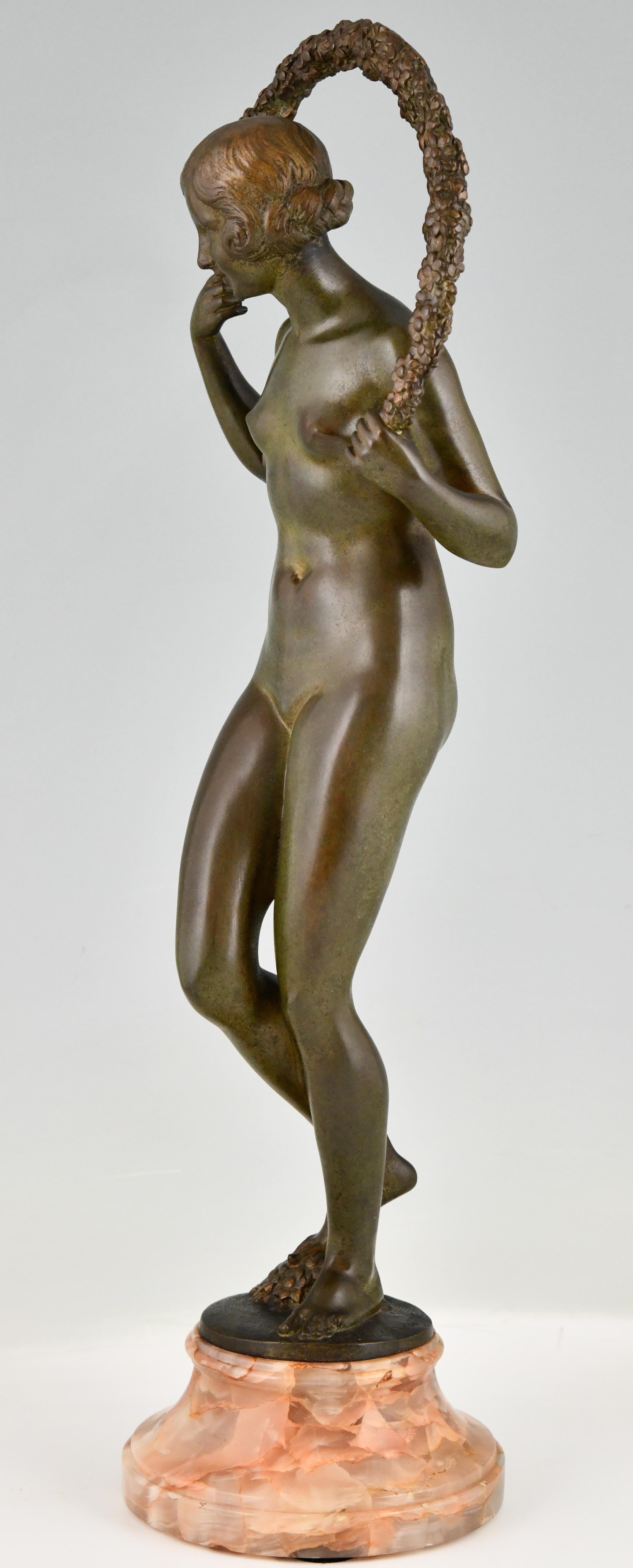 Art Deco Bronze Sculpture Nude with Garland by Joe Descomps Cormier 1925 For Sale 2