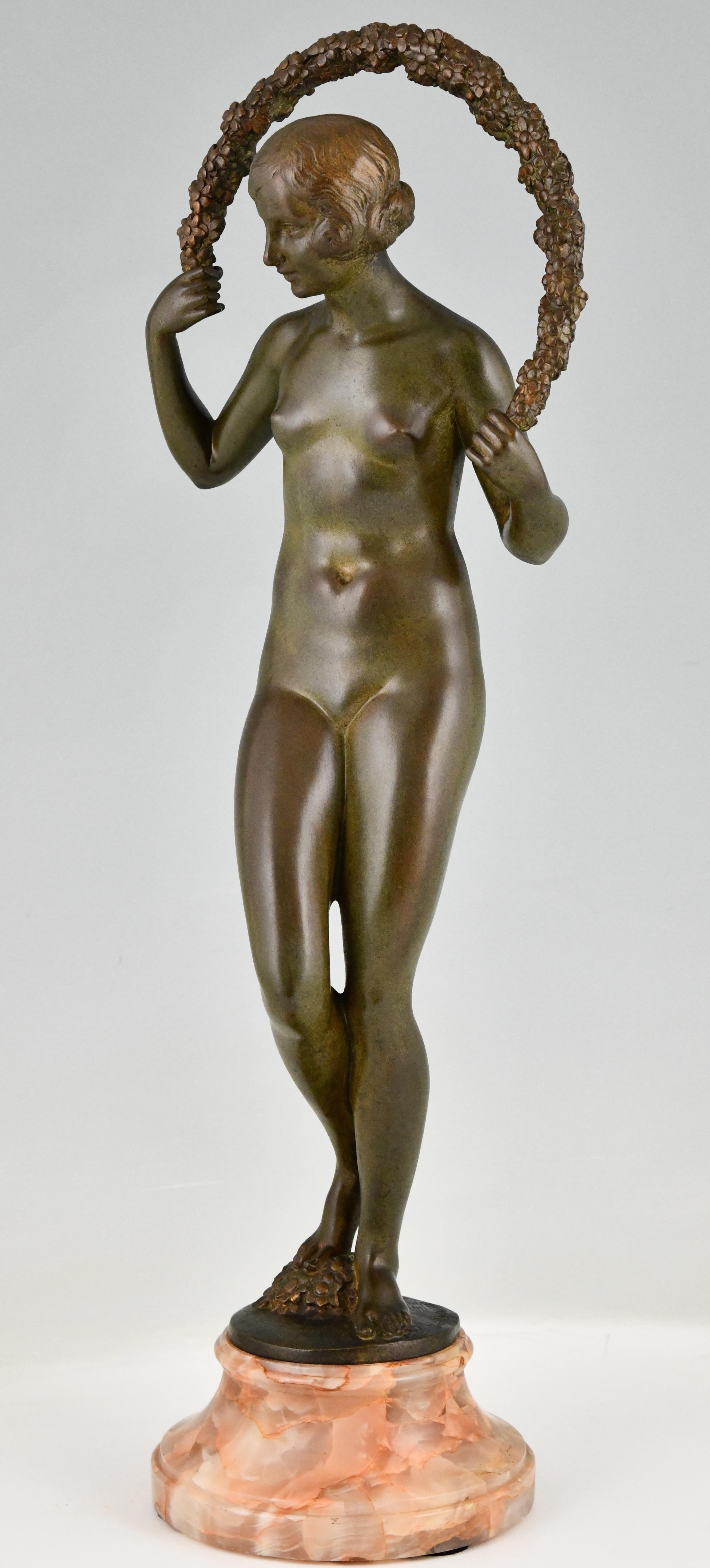 Art Deco Bronze Sculpture Nude with Garland by Joe Descomps Cormier 1925 For Sale 3