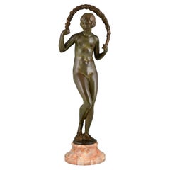 Art Deco Bronze Sculpture Nude with Garland by Joe Descomps Cormier 1925