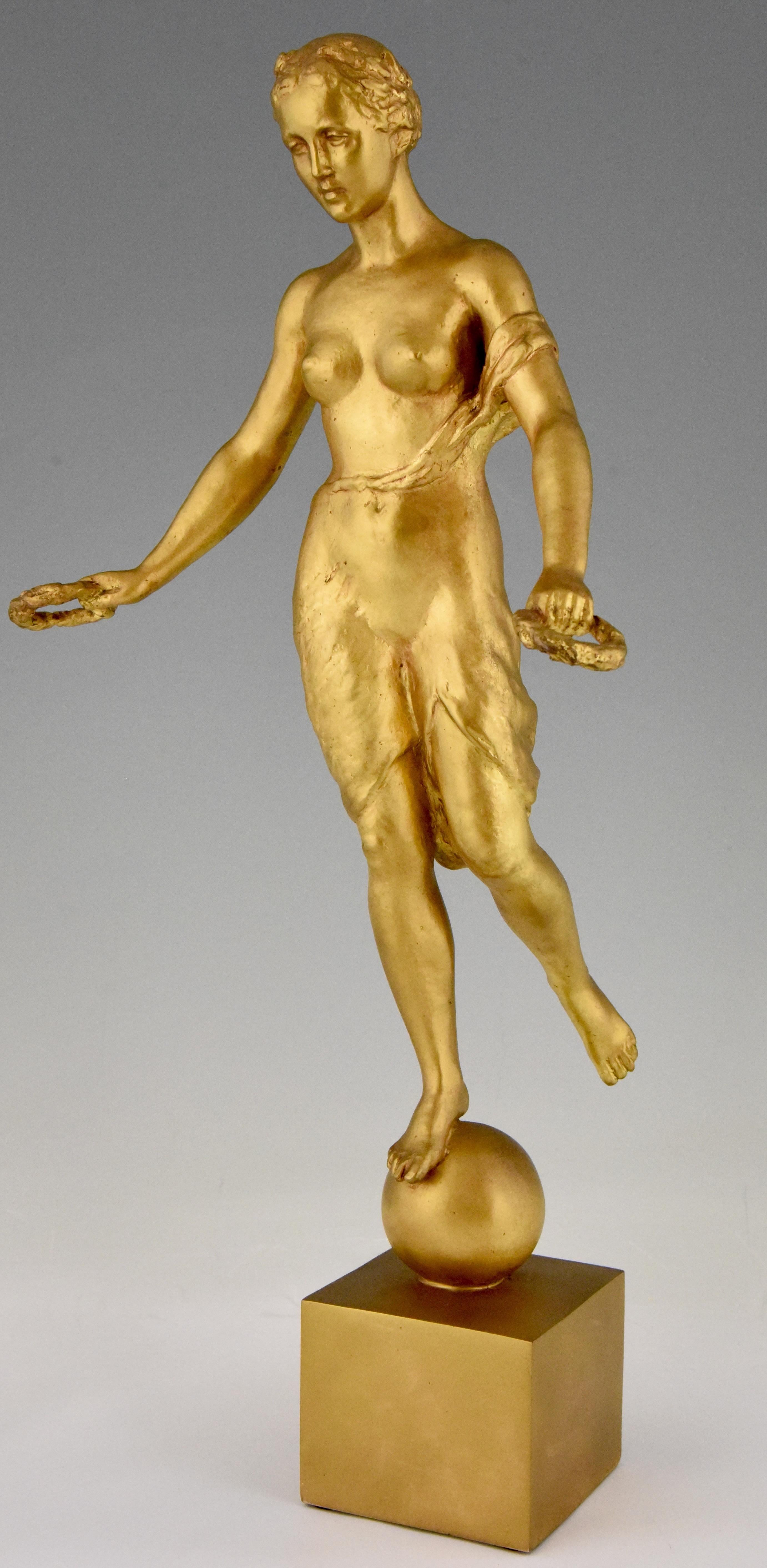 German Art Deco bronze sculpture nude with laurel wreaths Hanna Cauer 1934