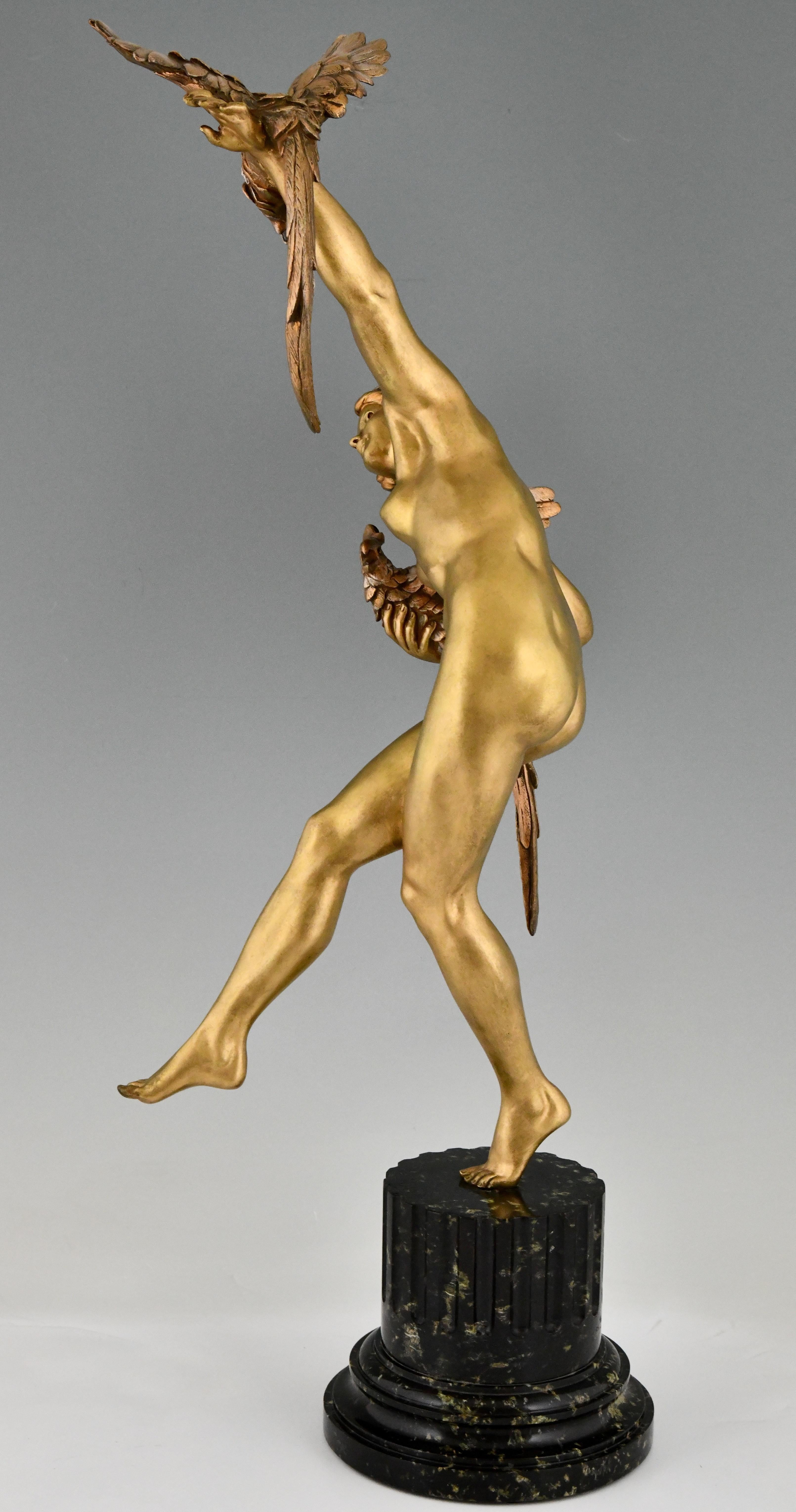 French Art Deco Bronze Sculpture Nude with Parrots by Claire Jeanne Roberte Colinet